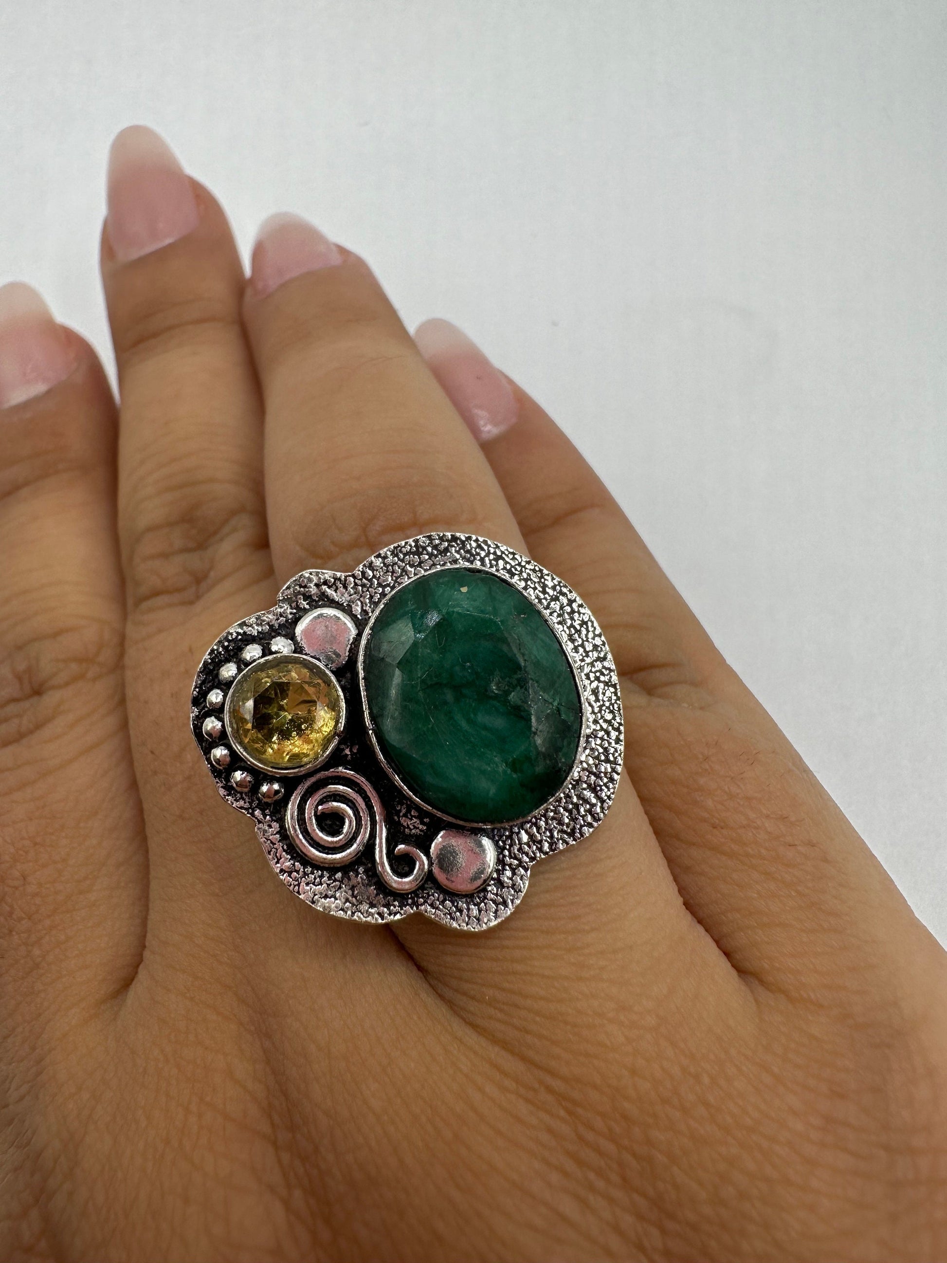 Vintage Green Raw Emerald Silver Bronze Statement Boho Ring