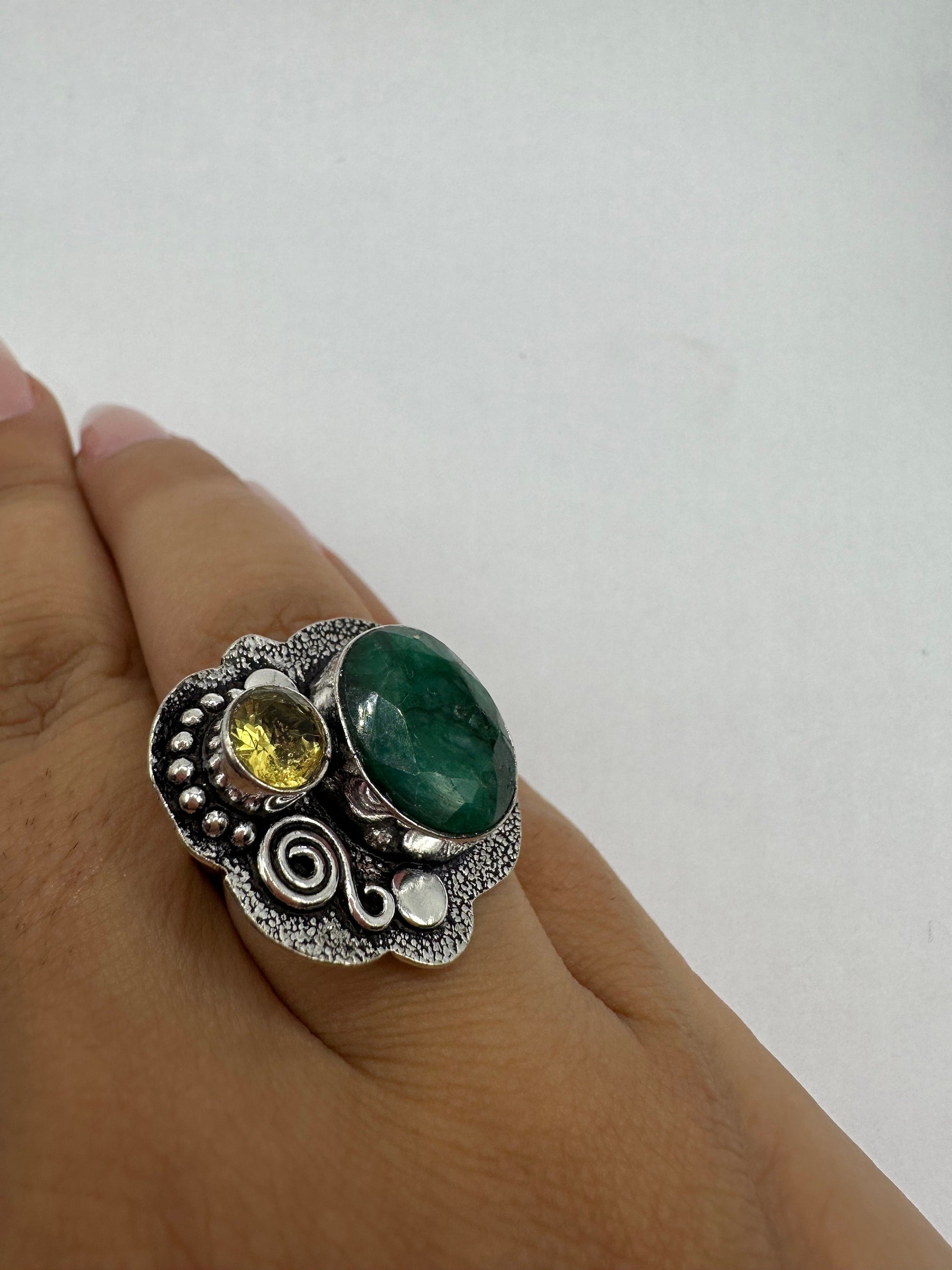 Vintage Green Raw Emerald Silver Bronze Statement Boho Ring