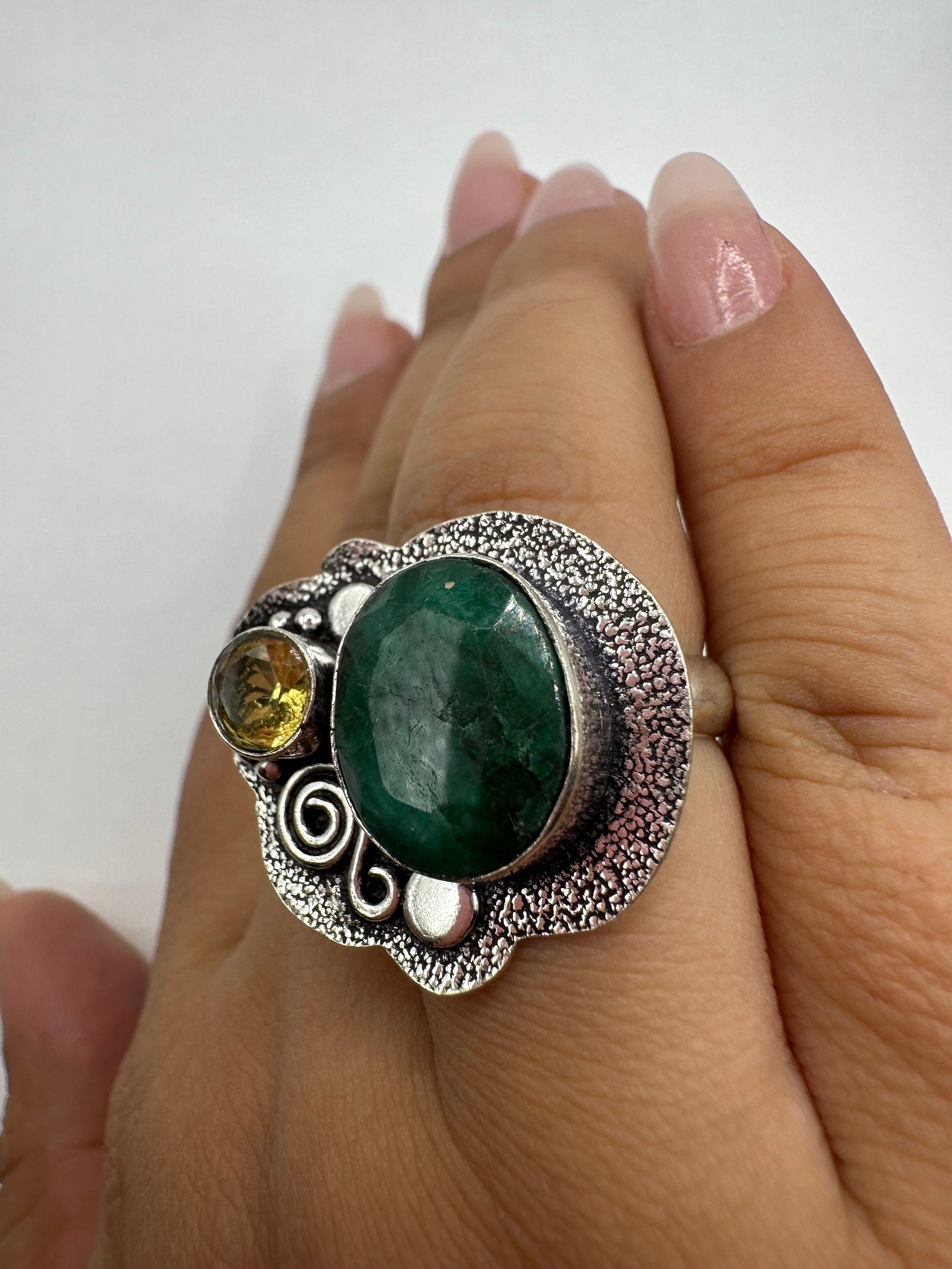 Vintage Green Raw Emerald Silver Bronze Statement Boho Ring