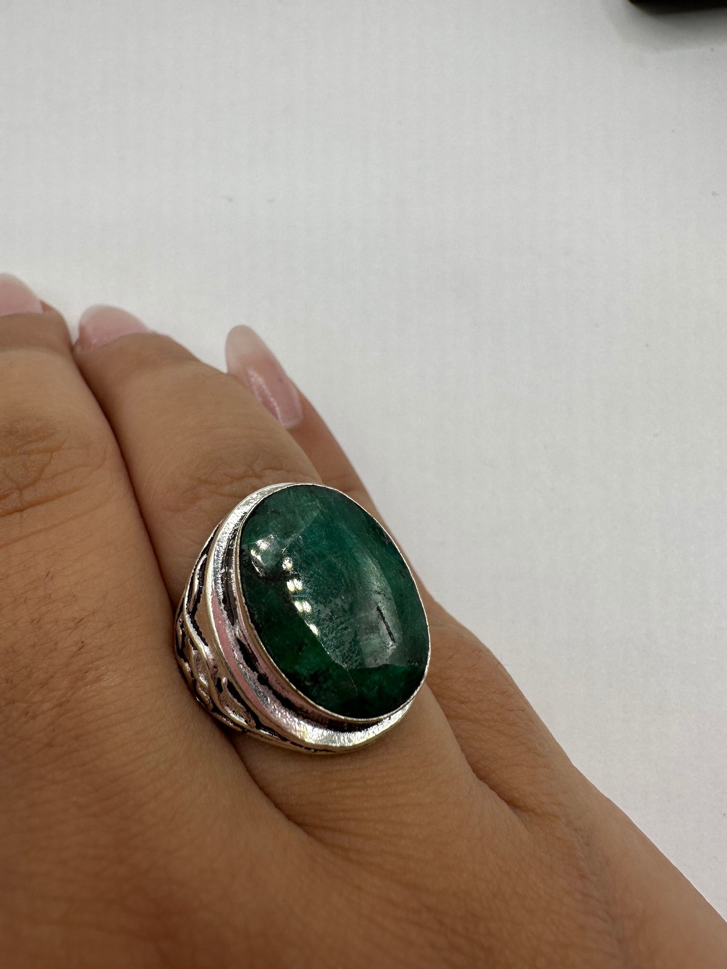 Vintage Green Raw Emerald Silver Bronze Statement Boho Ring