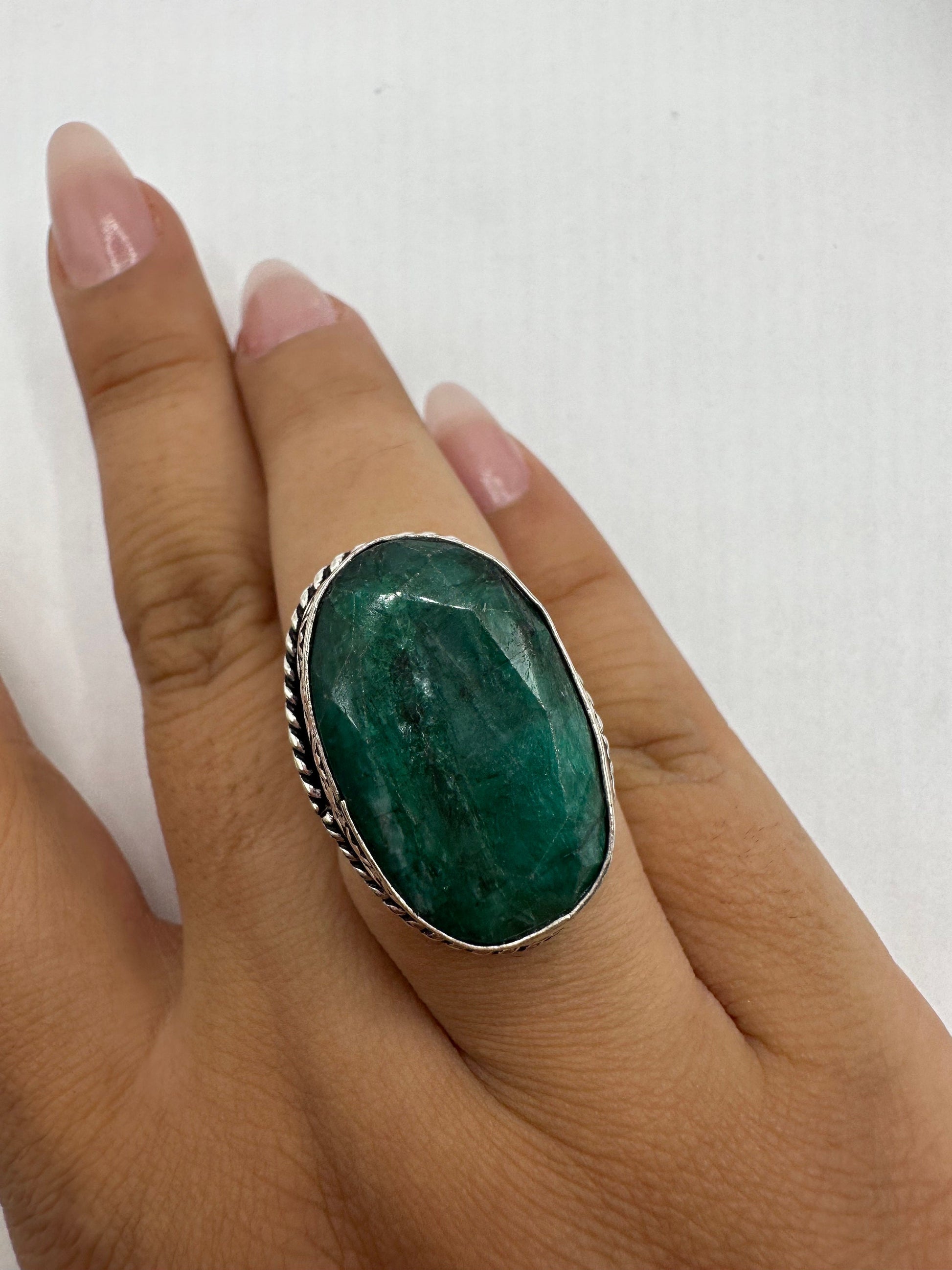 Vintage Green Raw Emerald Silver Bronze Statement Boho Ring