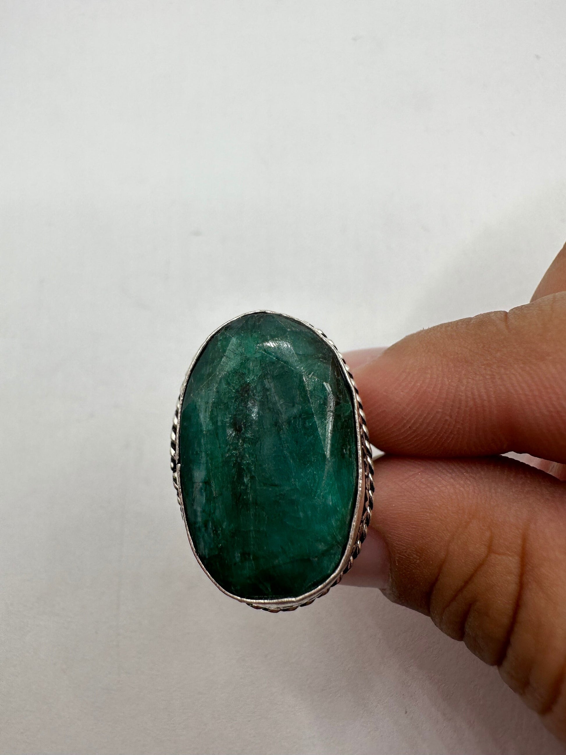 Vintage Green Raw Emerald Silver Bronze Statement Boho Ring