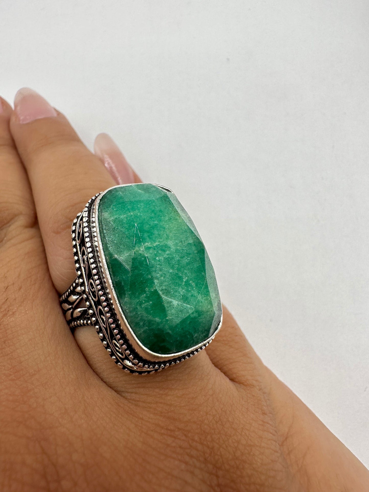 Vintage Green Raw Emerald Silver Bronze Statement Boho Ring