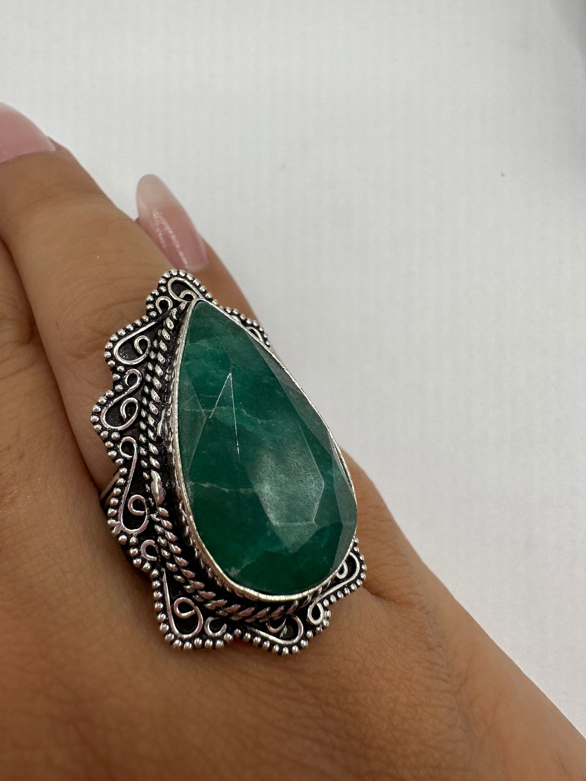 Vintage Green Raw Emerald Silver Bronze Statement Boho Ring