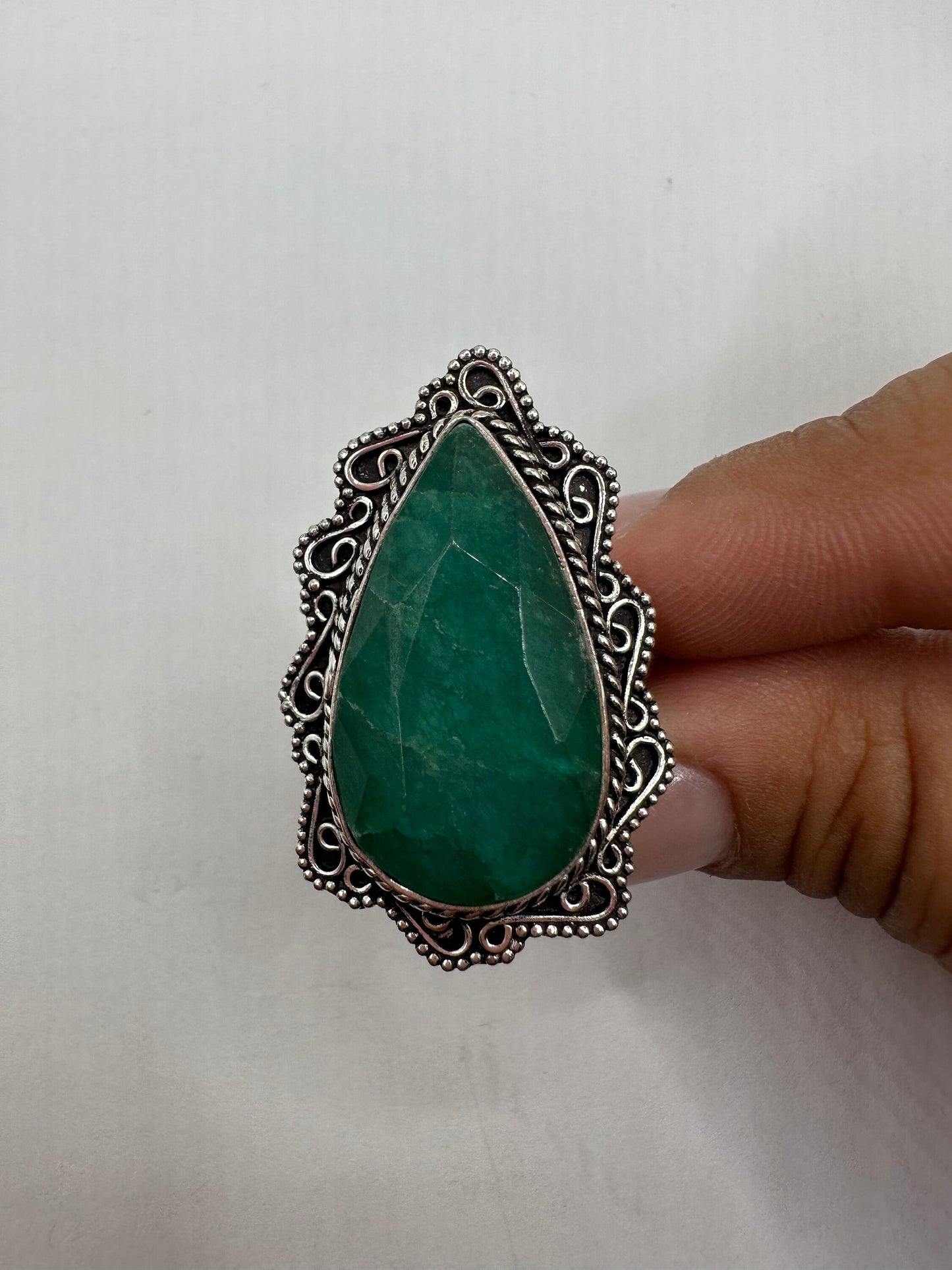 Vintage Green Raw Emerald Silver Bronze Statement Boho Ring