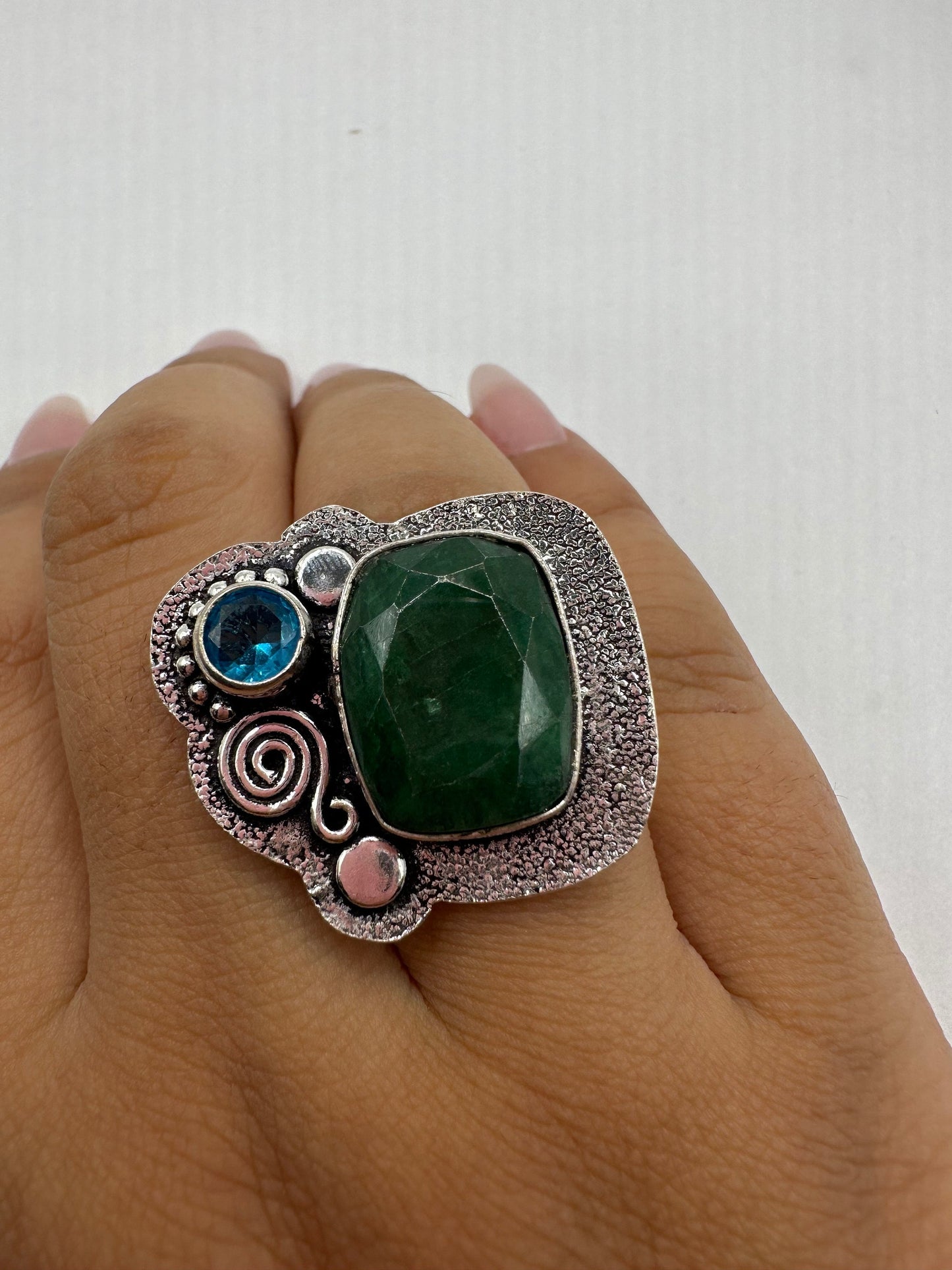 Vintage Green Raw Emerald Silver Bronze Statement Boho Ring