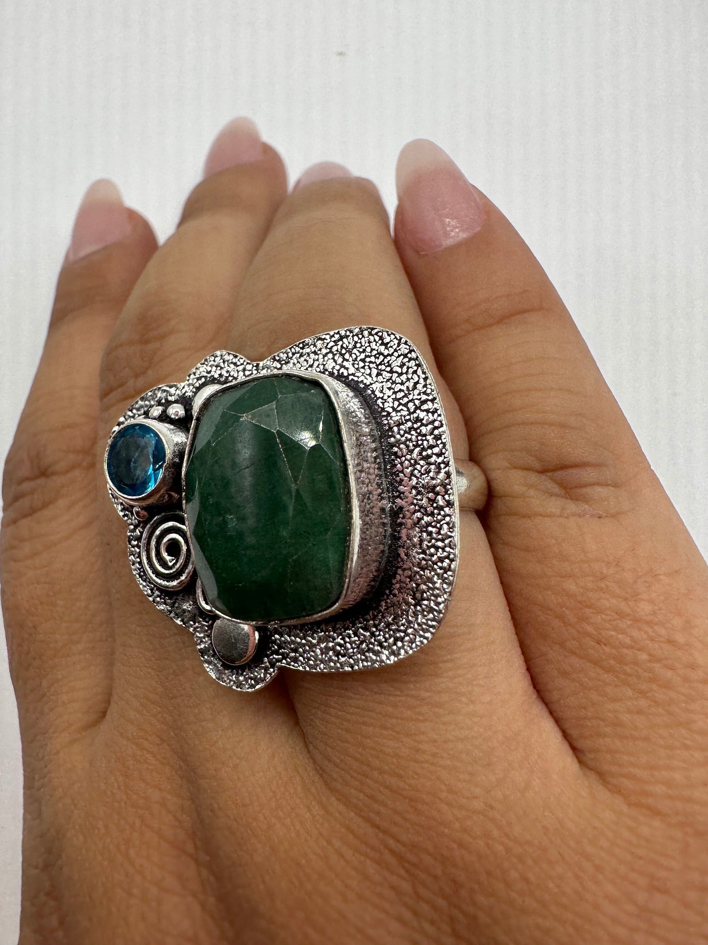 Vintage Green Raw Emerald Silver Bronze Statement Boho Ring