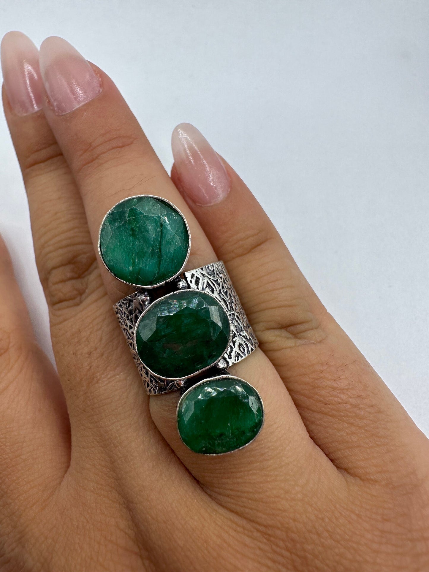 Vintage Green Raw Emerald Silver Bronze Statement Boho Ring