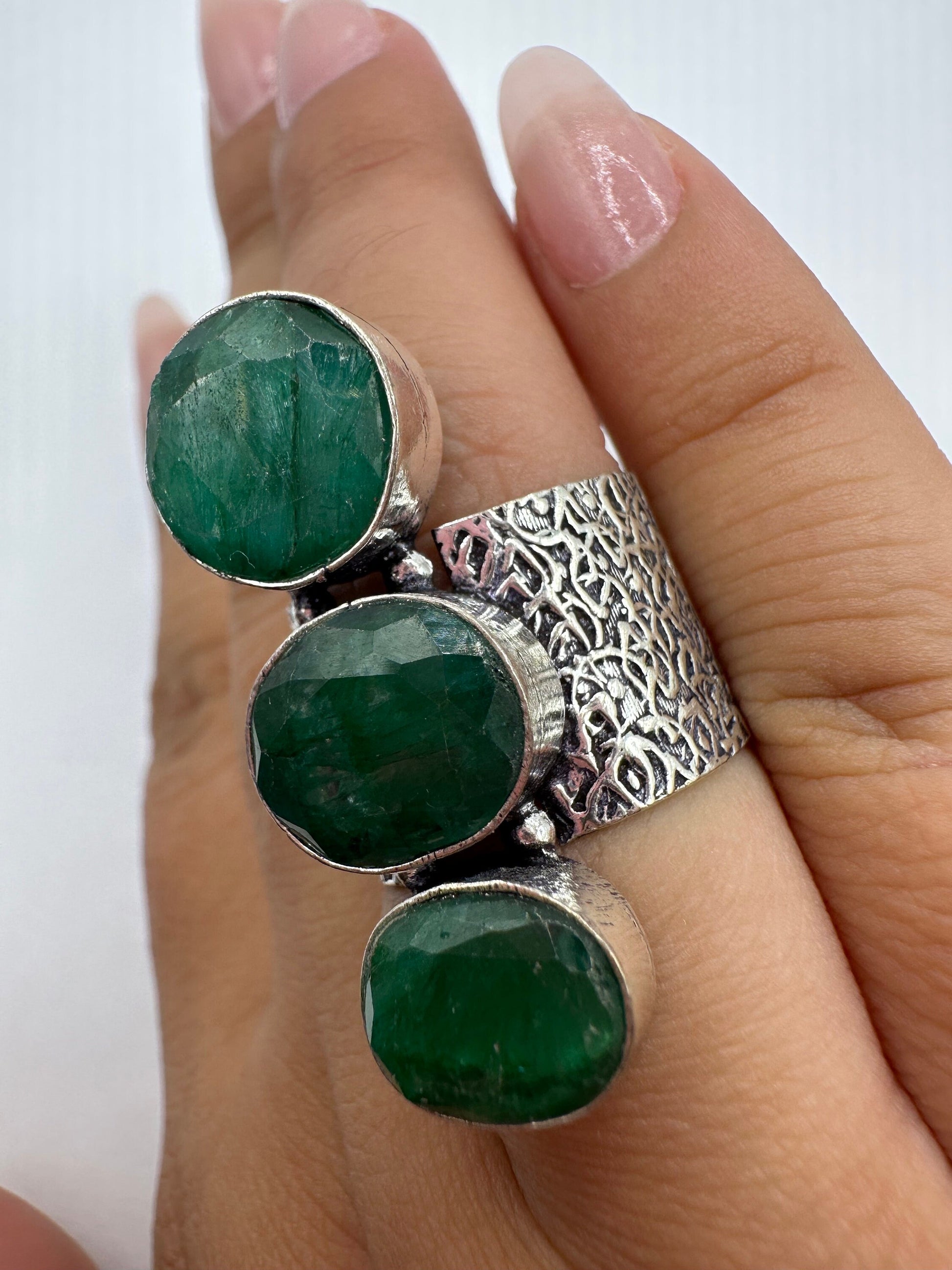 Vintage Green Raw Emerald Silver Bronze Statement Boho Ring