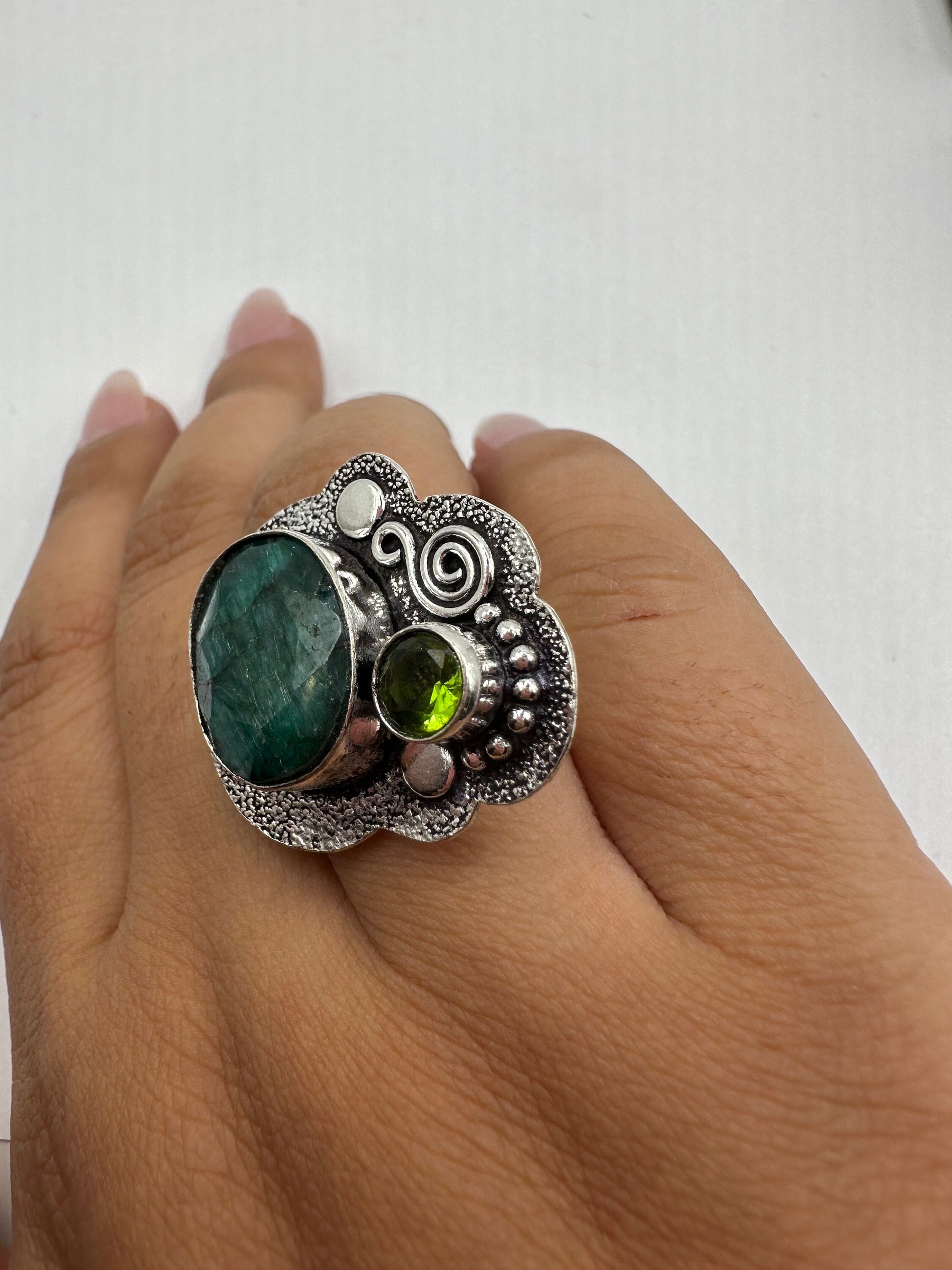 Vintage Green Raw Emerald Silver Bronze Statement Boho Ring