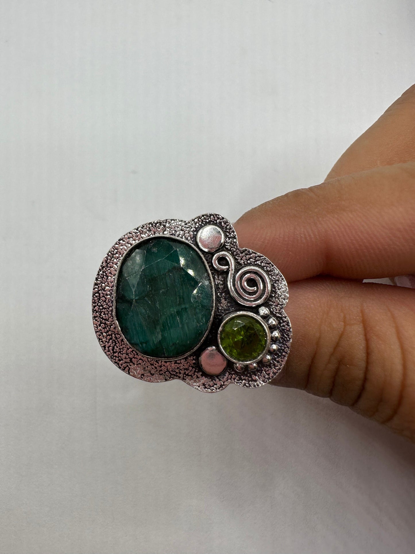 Vintage Green Raw Emerald Silver Bronze Statement Boho Ring