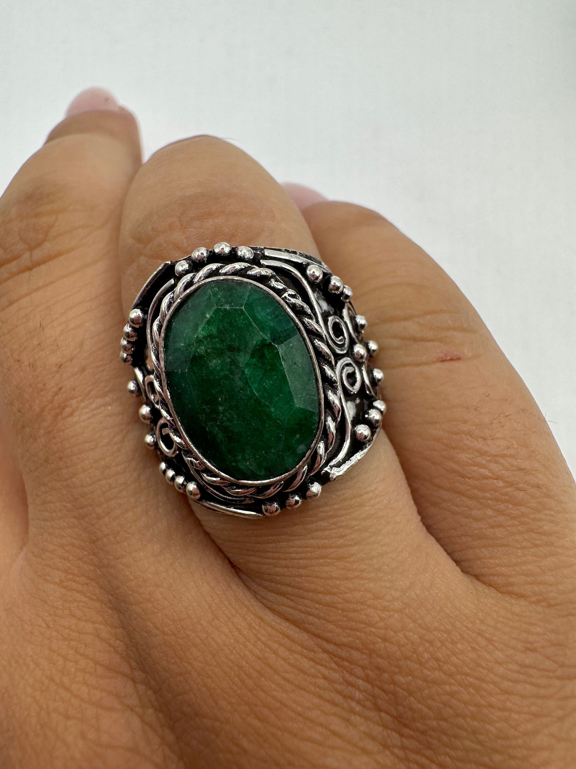 Vintage Green Raw Emerald Silver Bronze Statement Boho Ring