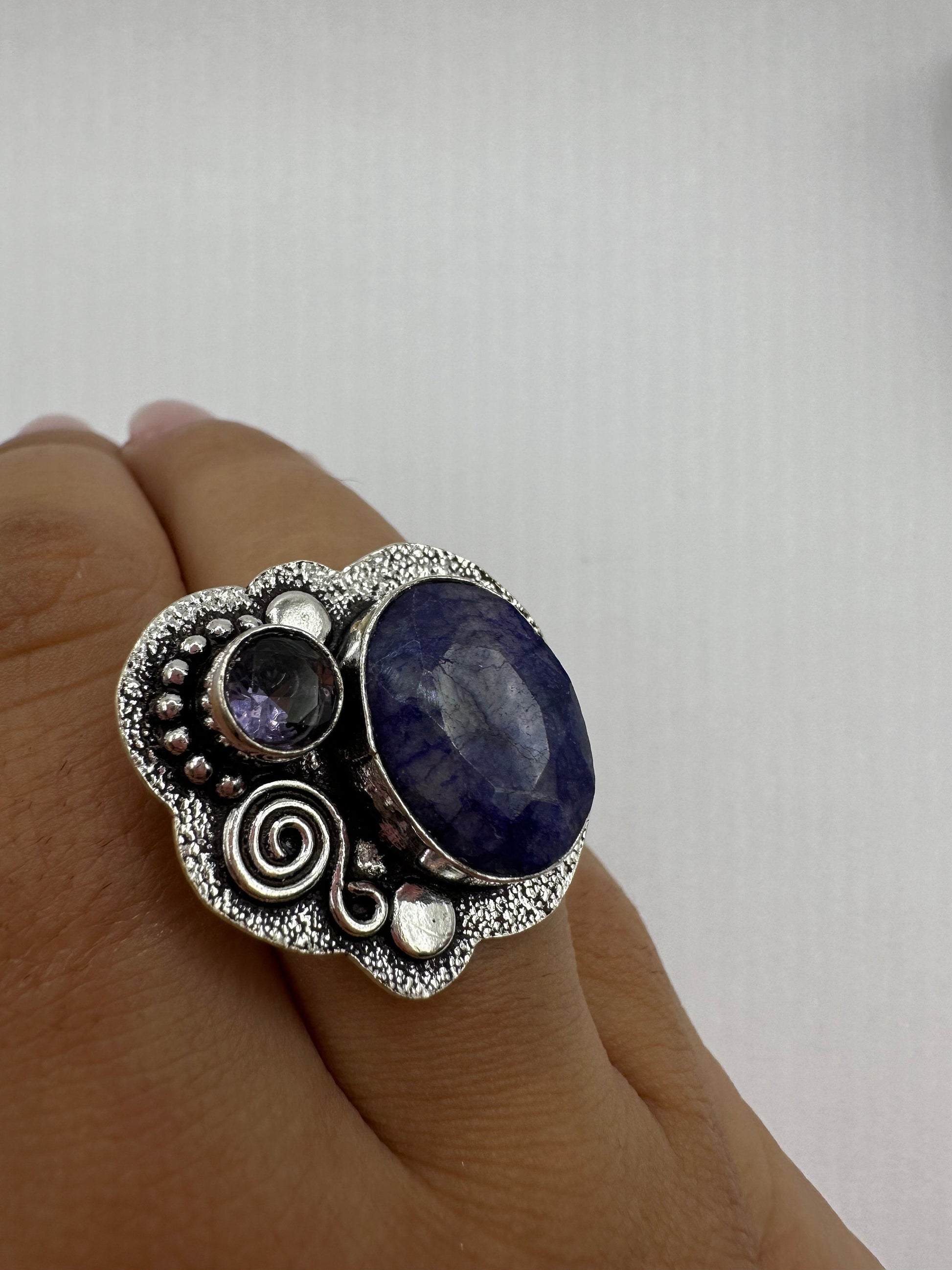 Vintage Raw Blue Sapphire White Bronze Silver Cocktail Ring