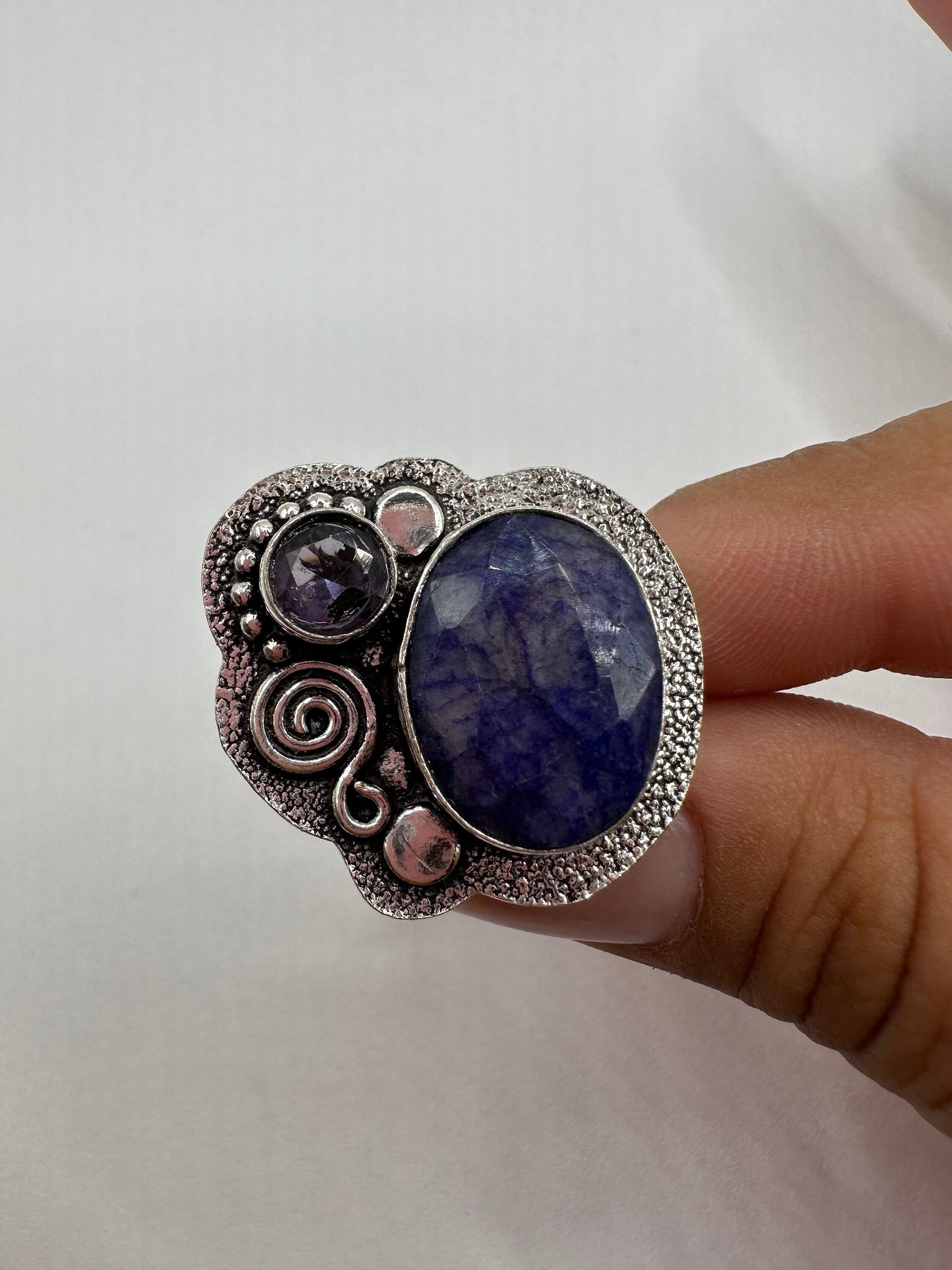 Vintage Raw Blue Sapphire White Bronze Silver Cocktail Ring