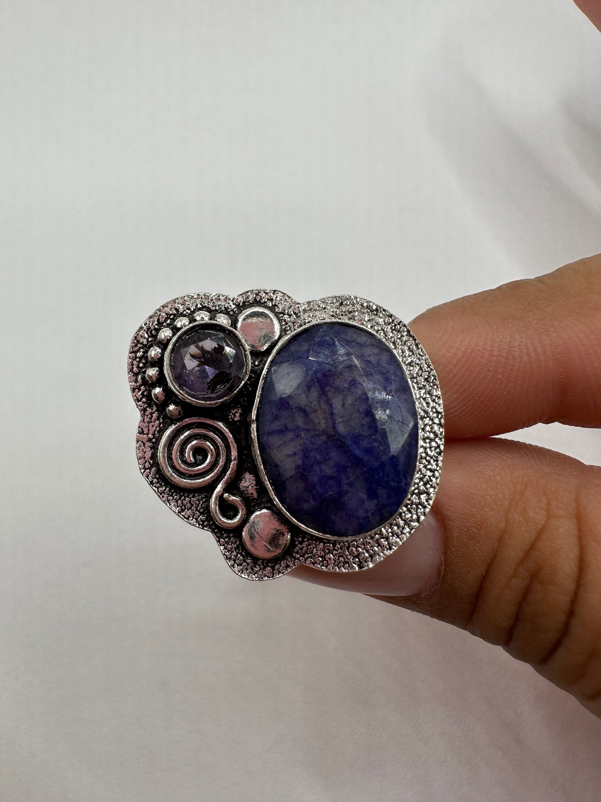 Vintage Raw Blue Sapphire White Bronze Silver Cocktail Ring