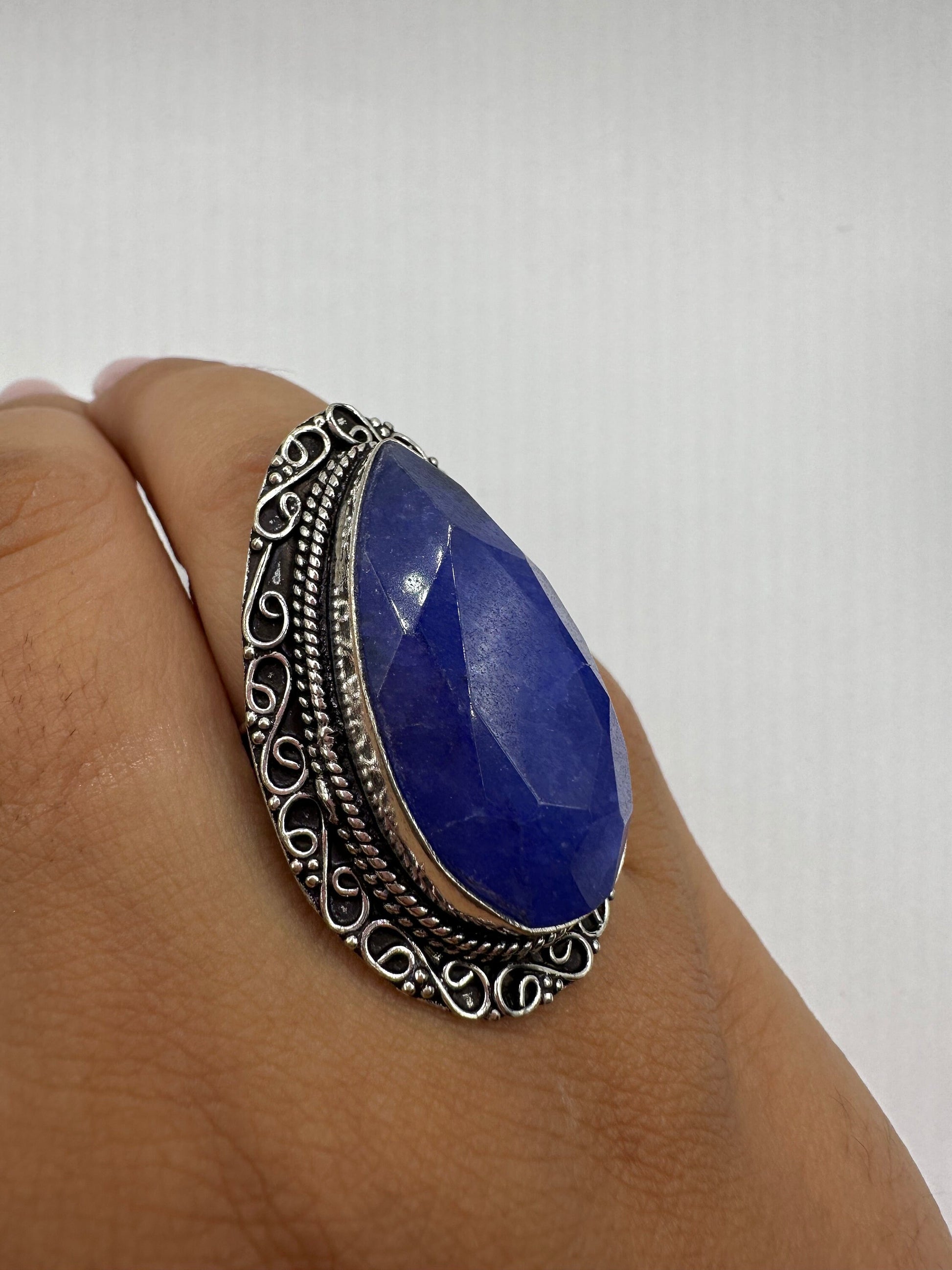 Vintage Raw Blue Sapphire White Bronze Silver Cocktail Ring