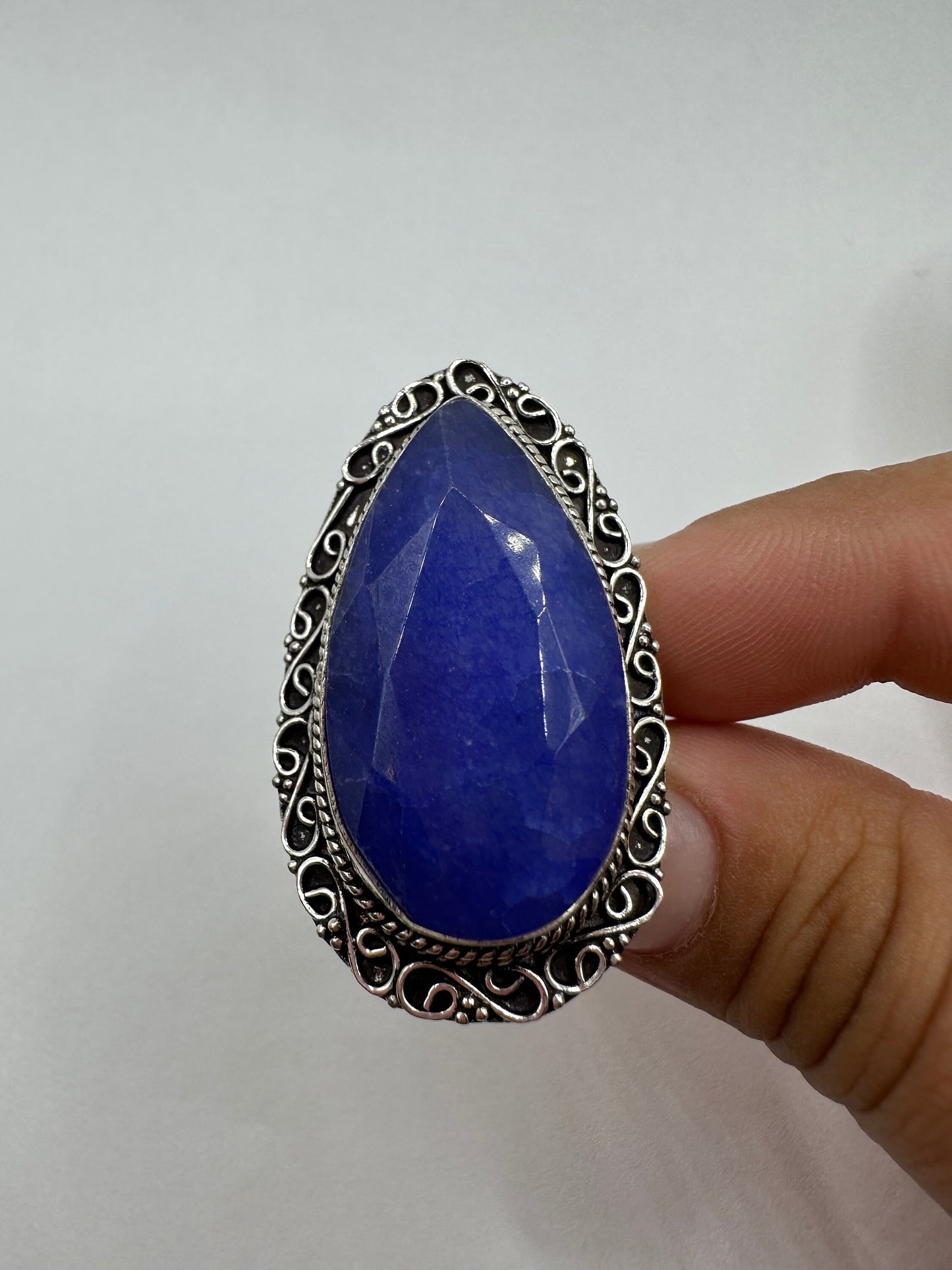 Vintage Raw Blue Sapphire White Bronze Silver Cocktail Ring