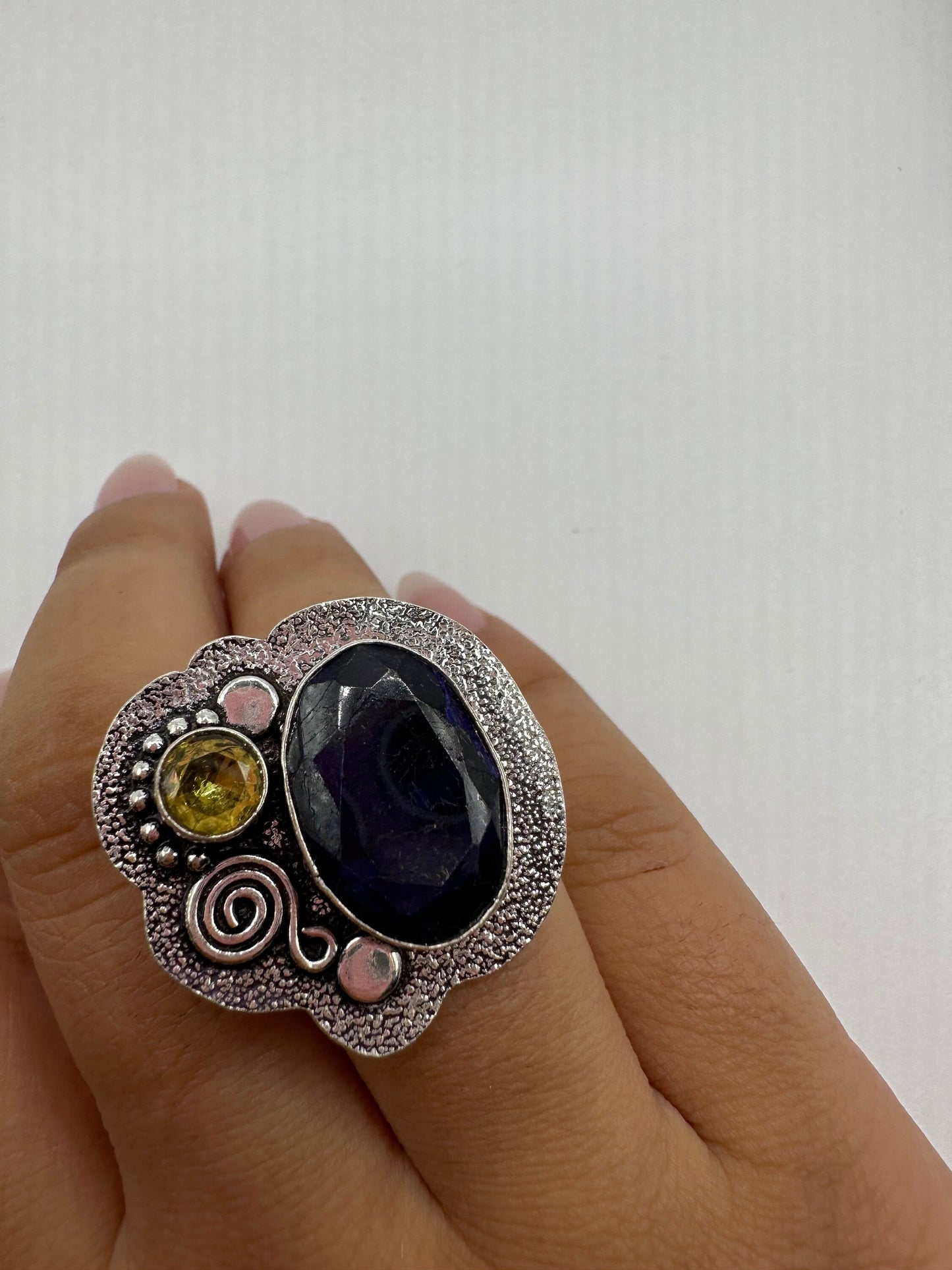 Vintage Raw Blue Sapphire White Bronze Silver Cocktail Ring