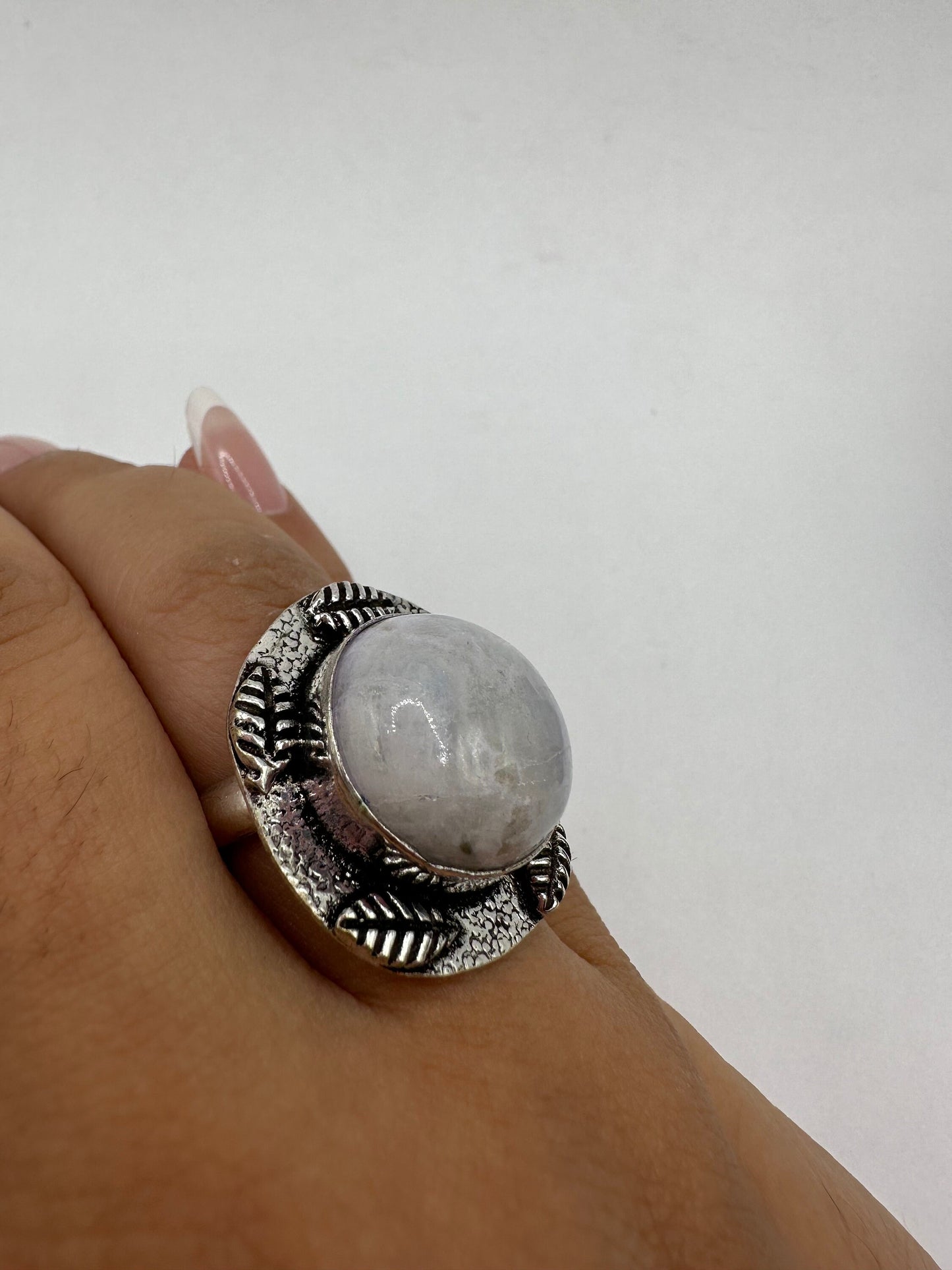 Vintage Blue White Rainbow Moonstone Silver Cocktail Statement Ring