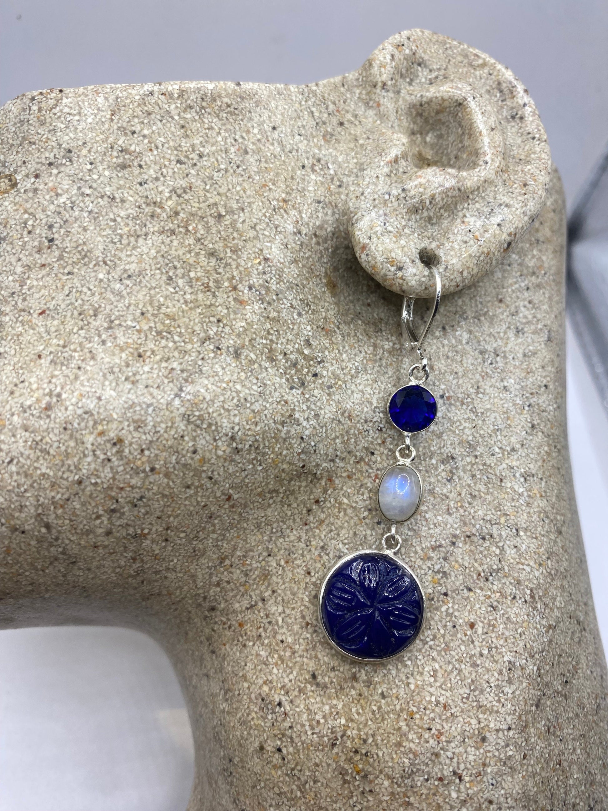 Vintage Blue Raw Sapphire Sterling Silver Lever Back Chandelier Earrings