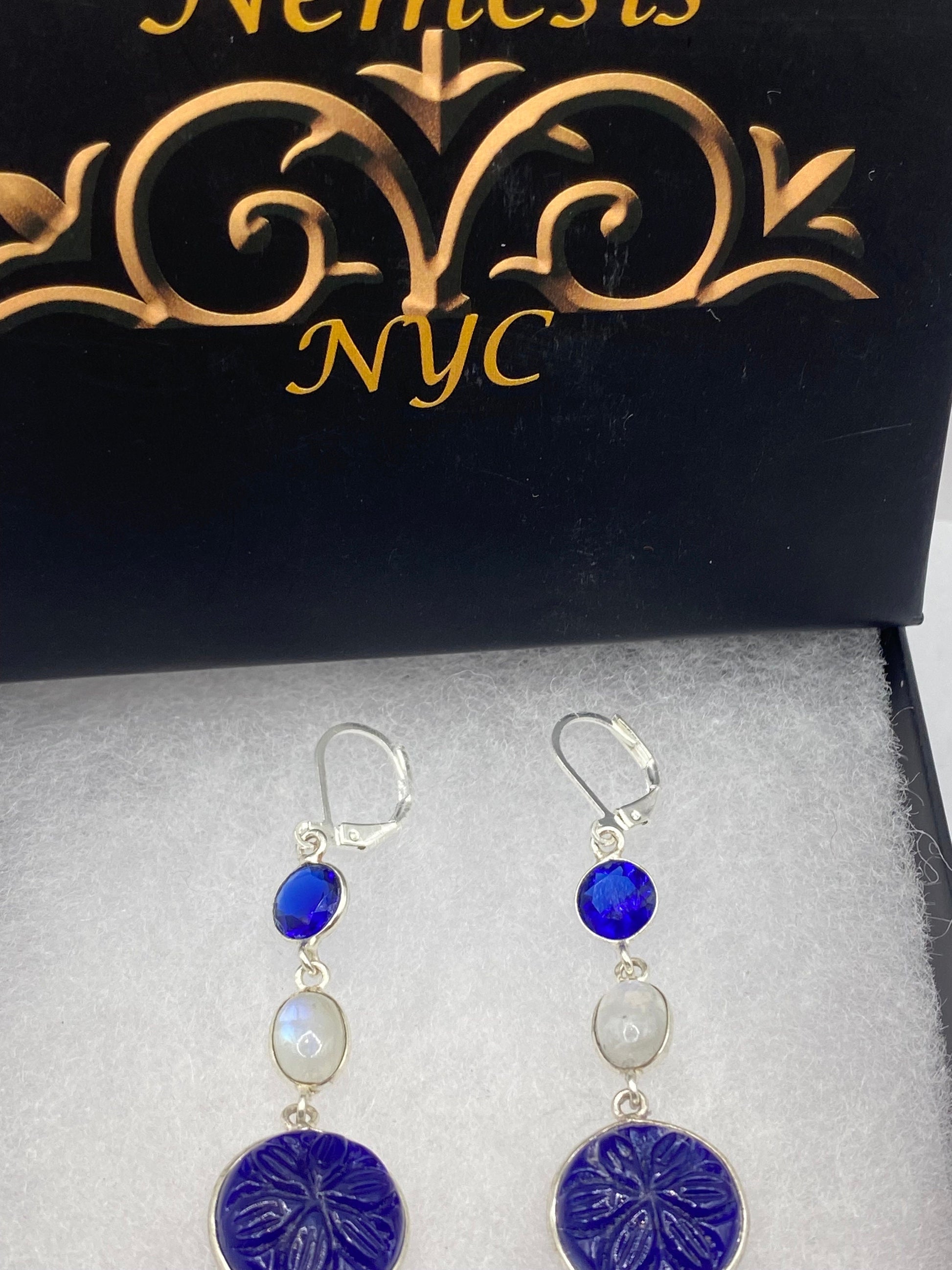 Vintage Blue Raw Sapphire Sterling Silver Lever Back Chandelier Earrings