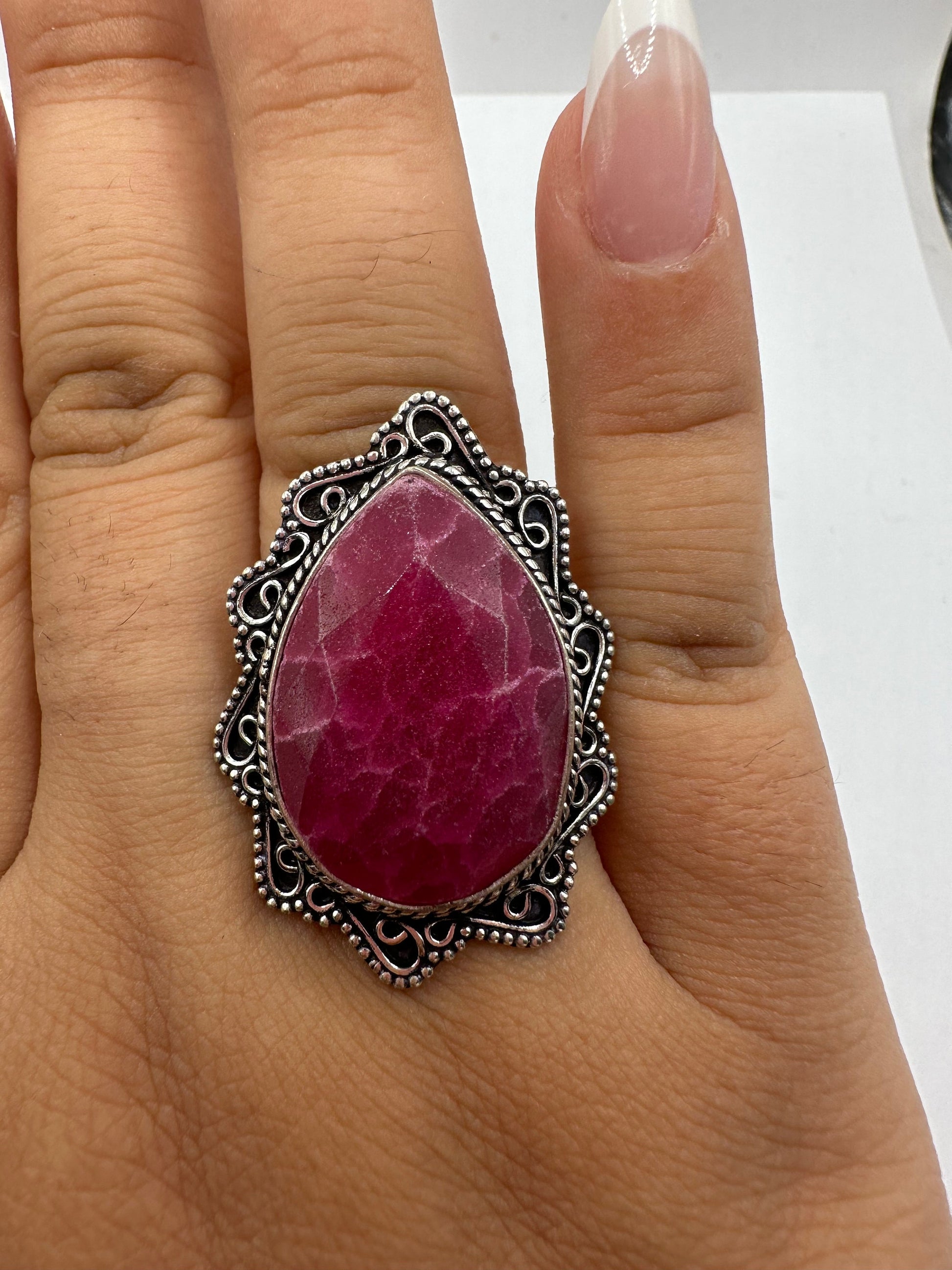 Vintage Handmade Raw Pink Ruby Silver Gothic Ring