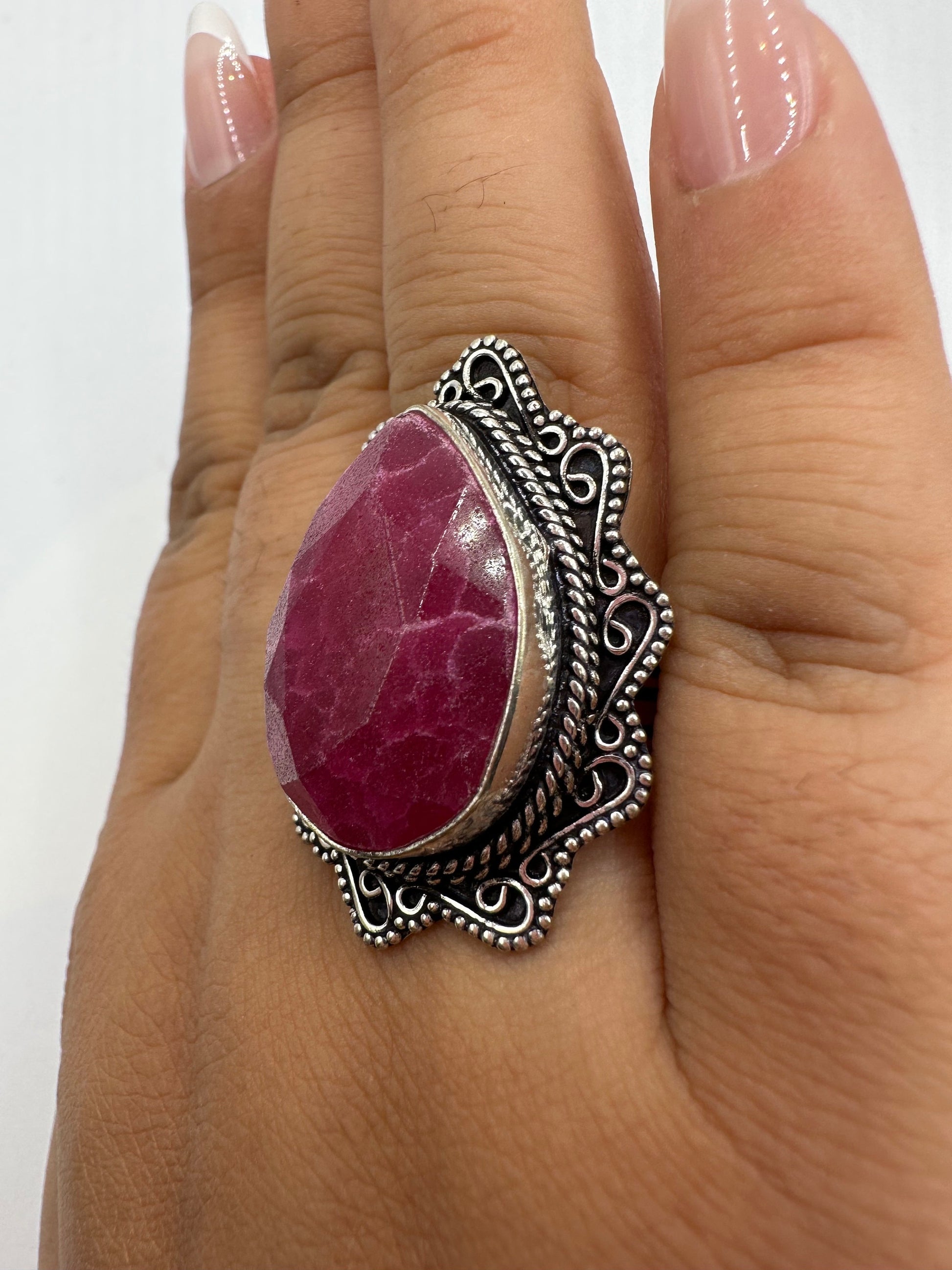 Vintage Handmade Raw Pink Ruby Silver Gothic Ring