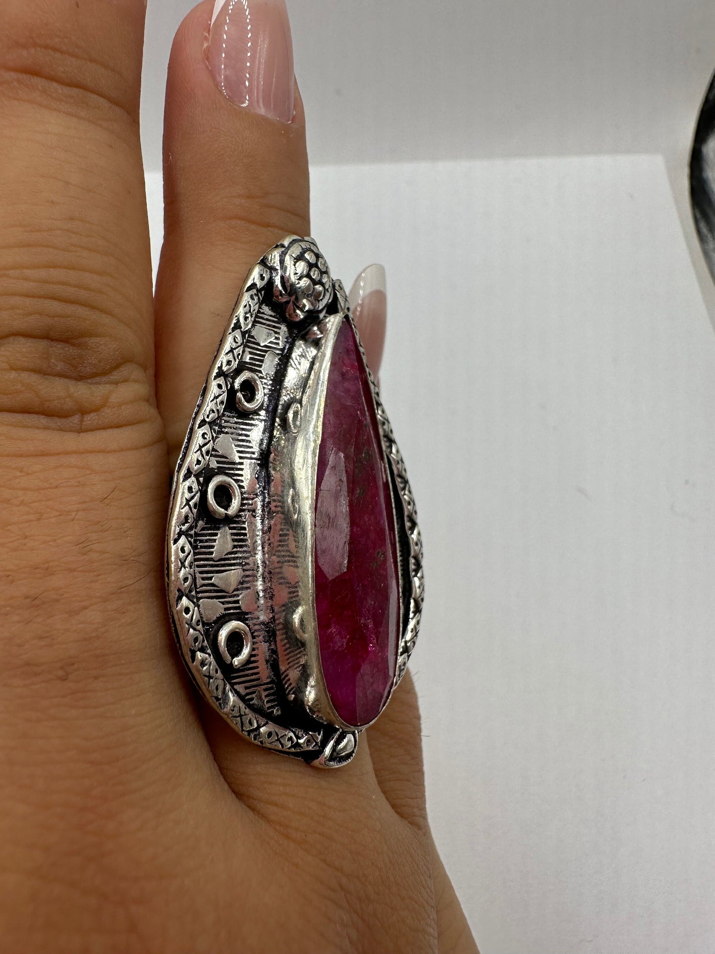 Vintage Handmade Raw Pink Ruby Silver Gothic Ring