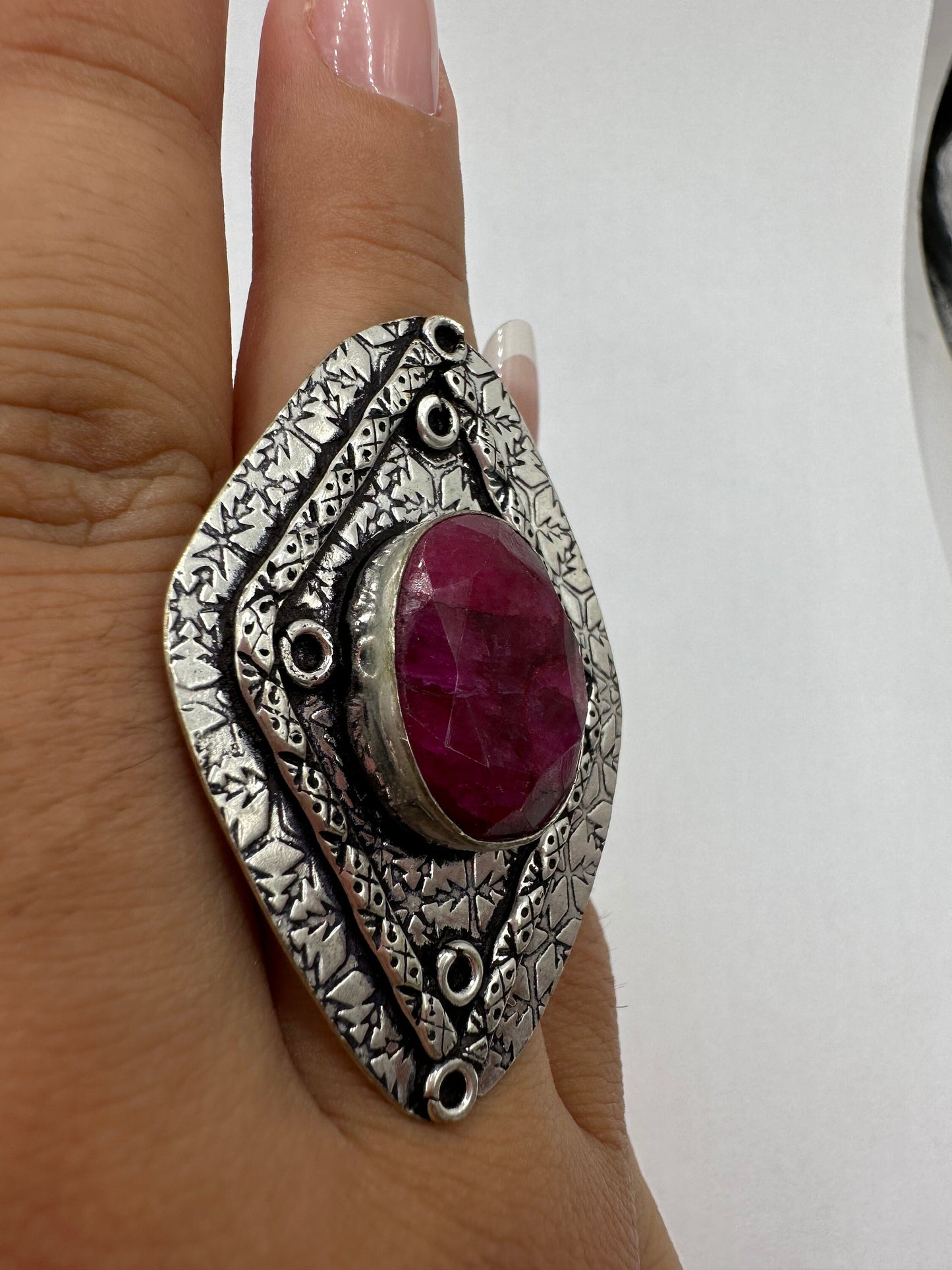 Vintage Handmade Raw Pink Ruby Silver Gothic Ring