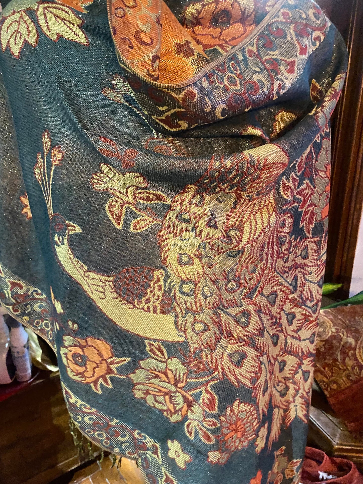 Vintage Blue Peacock feather Brocade Pashmina Scarf Wrap Shawl