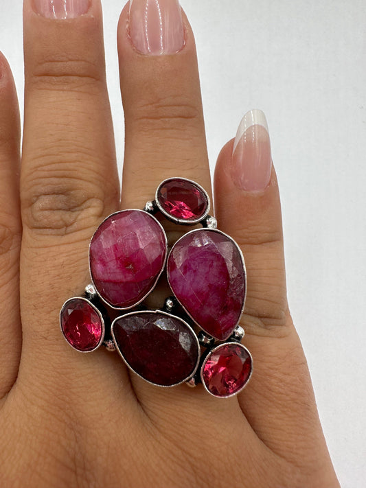 Vintage Raw Pink Ruby Silver Boho Statement Ring