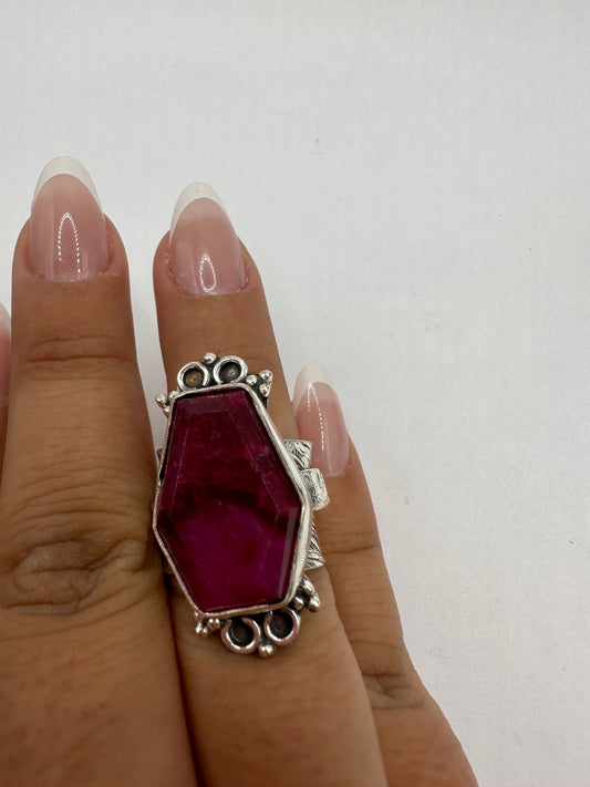 Vintage Raw Pink Ruby Silver Boho Statement Ring
