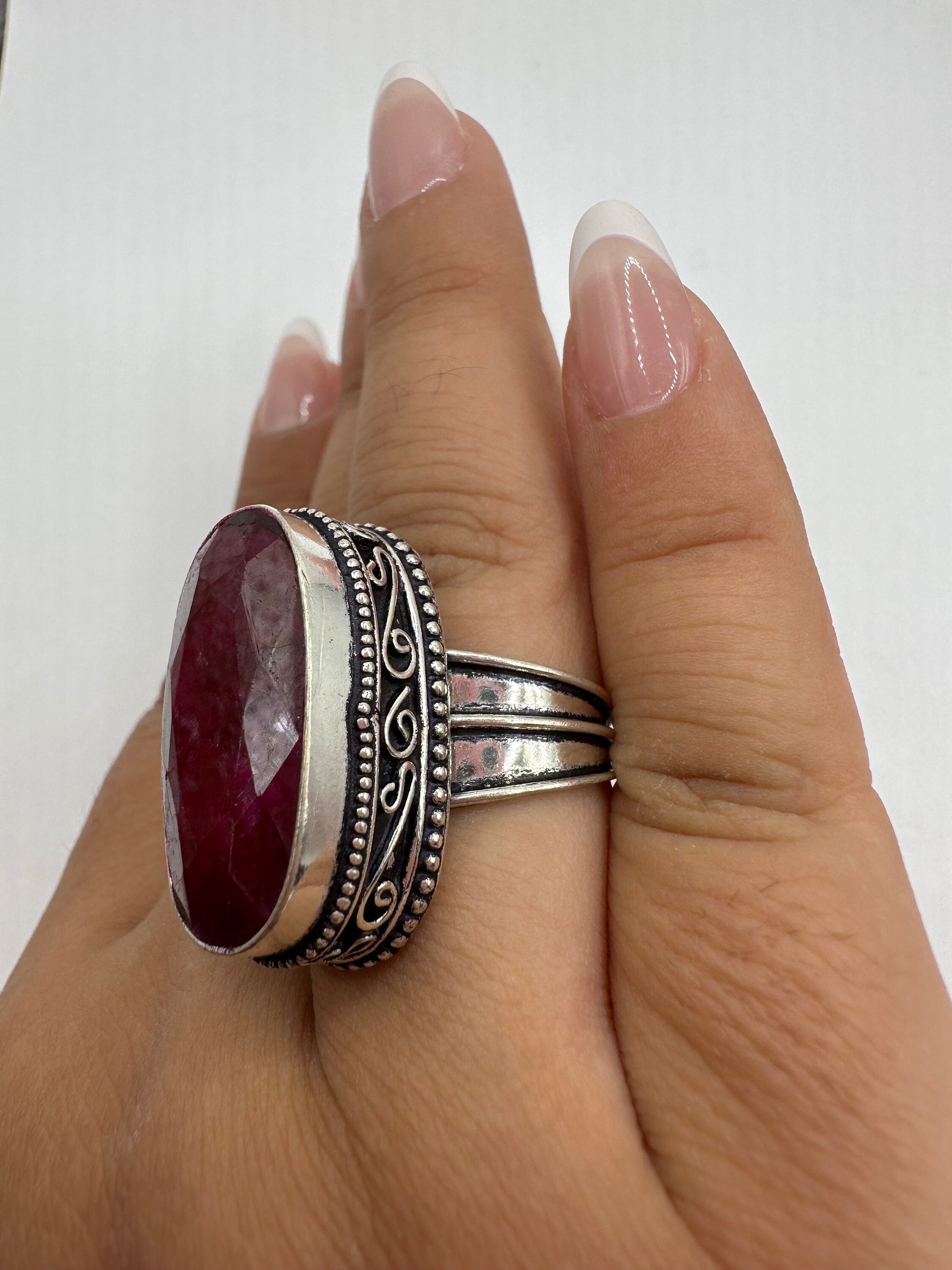 Vintage Handmade Raw Pink Ruby Silver Gothic Ring