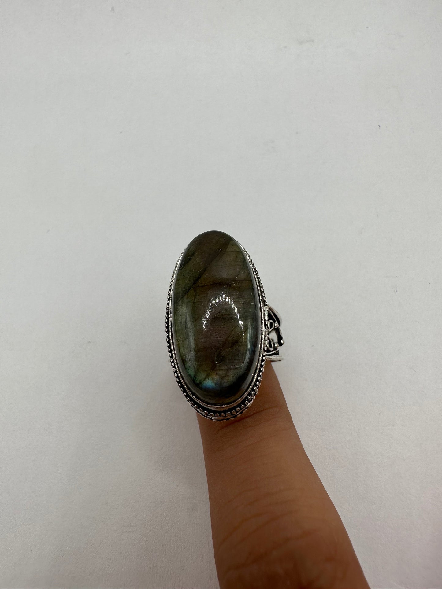 Vintage Large Labradorite Rainbow Moonstone Stone Silver Ring