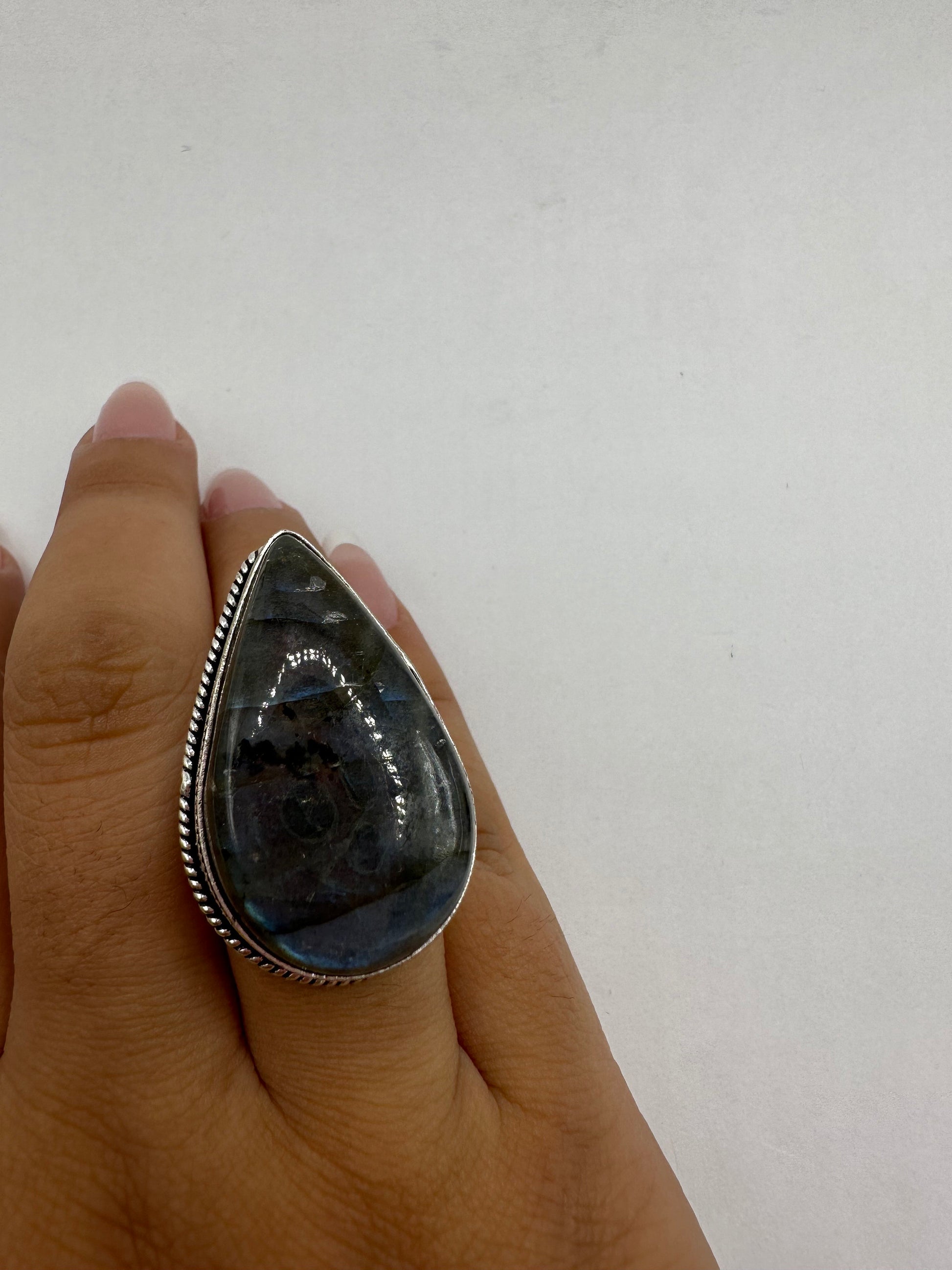 Vintage Large Labradorite Rainbow Moonstone Stone Silver Ring