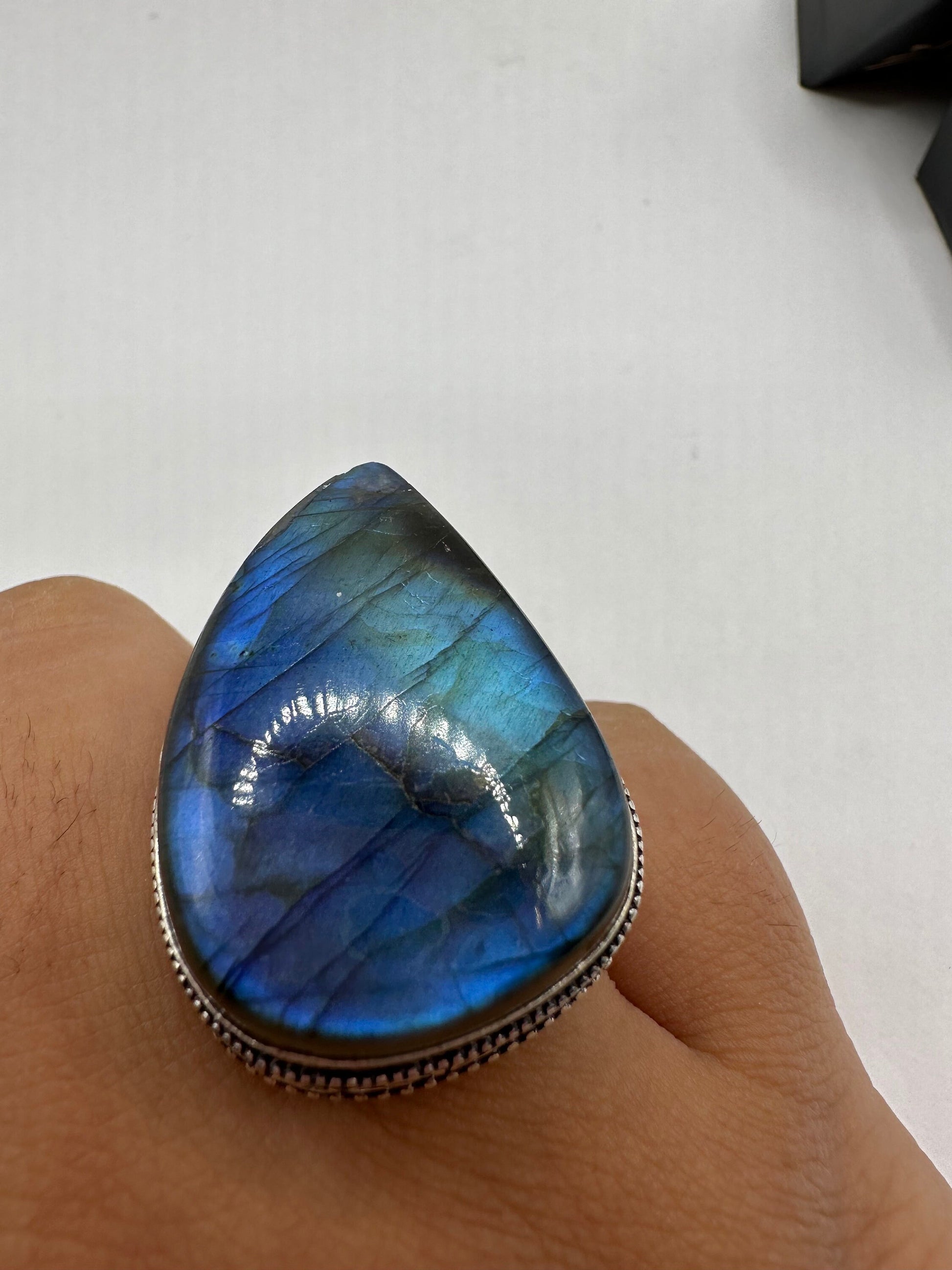 Vintage Large Labradorite Rainbow Moonstone Stone Silver Ring