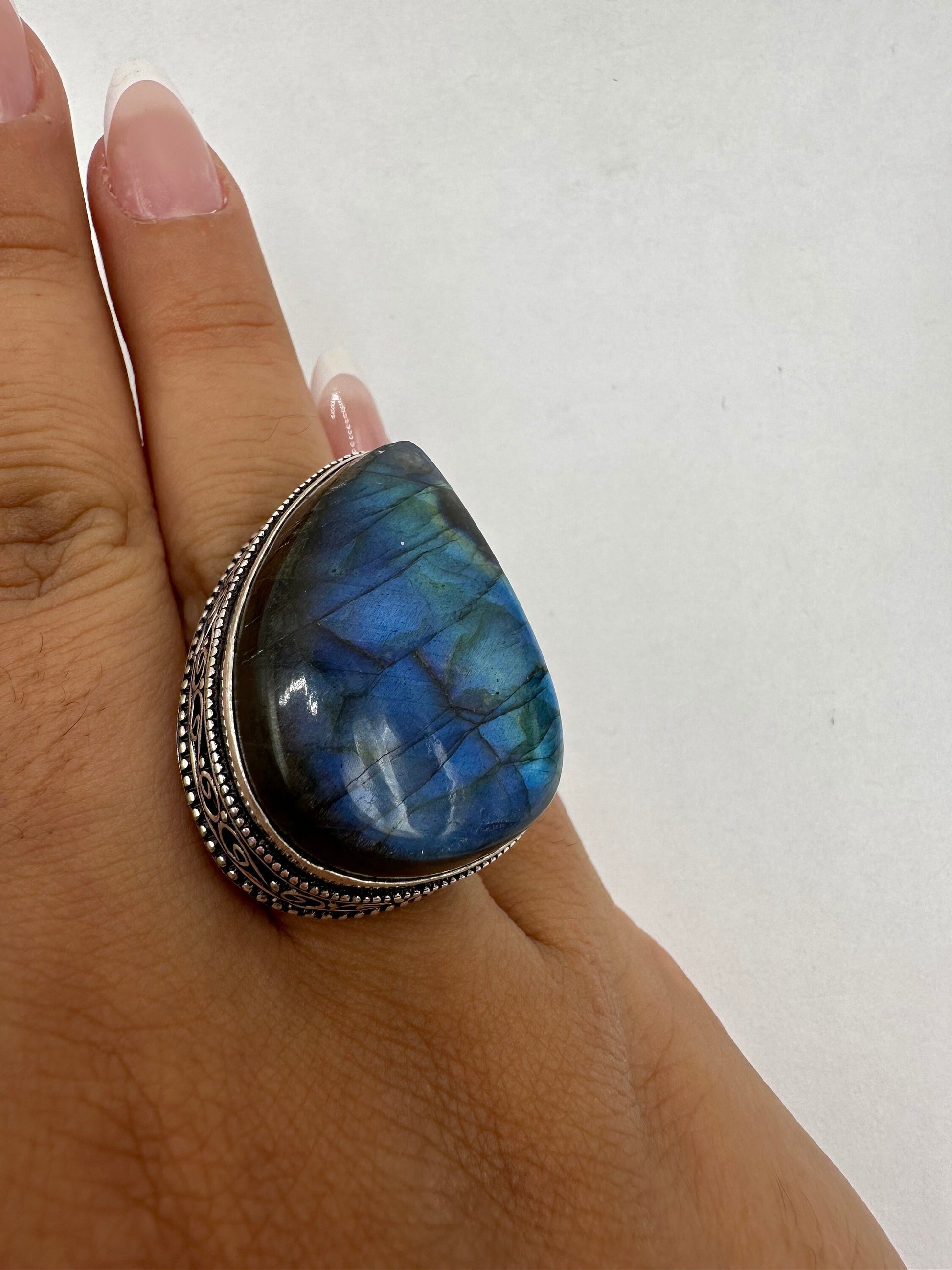 Vintage Large Labradorite Rainbow Moonstone Stone Silver Ring