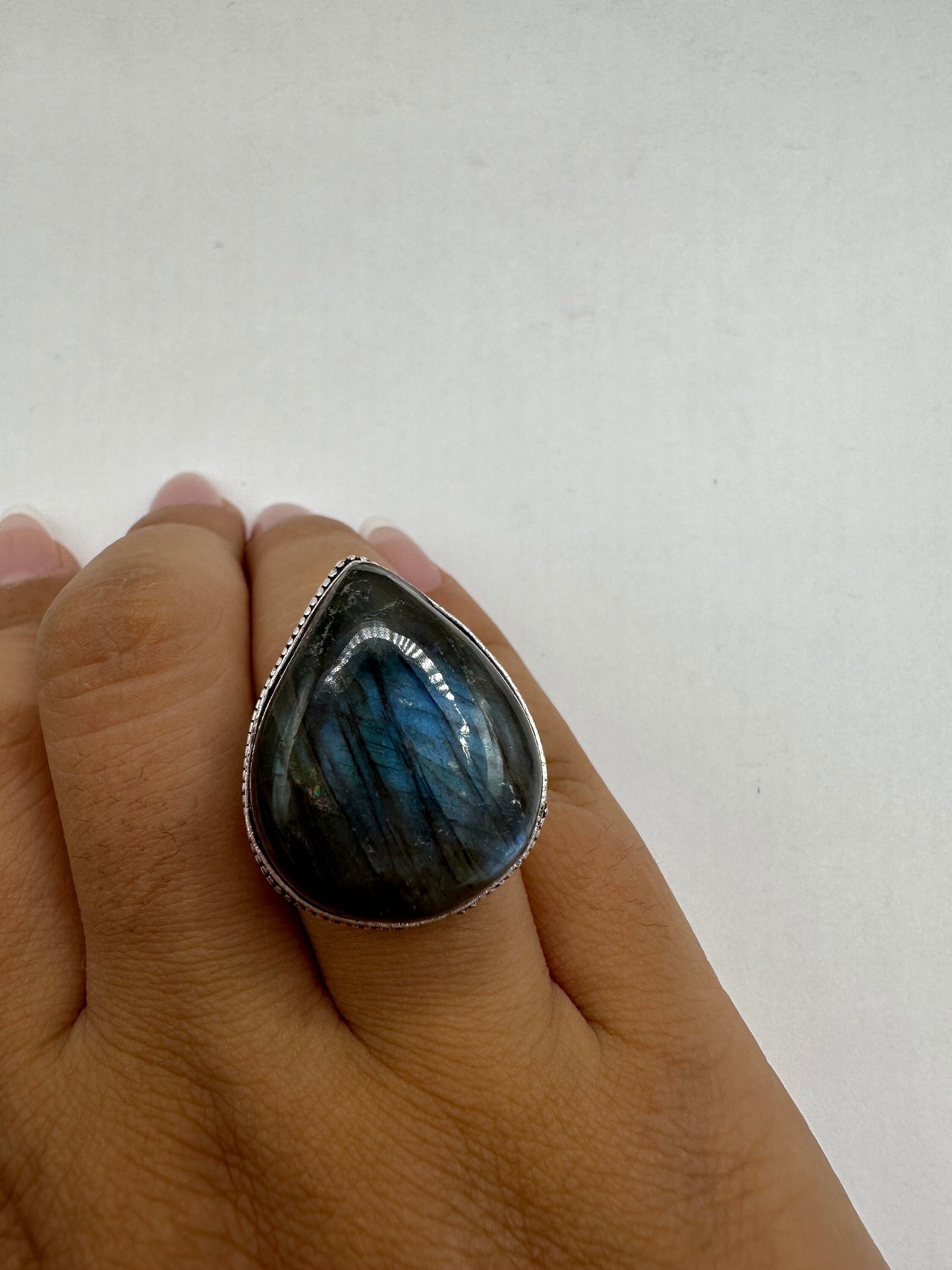 Vintage Large Labradorite Rainbow Moonstone Stone Silver Ring