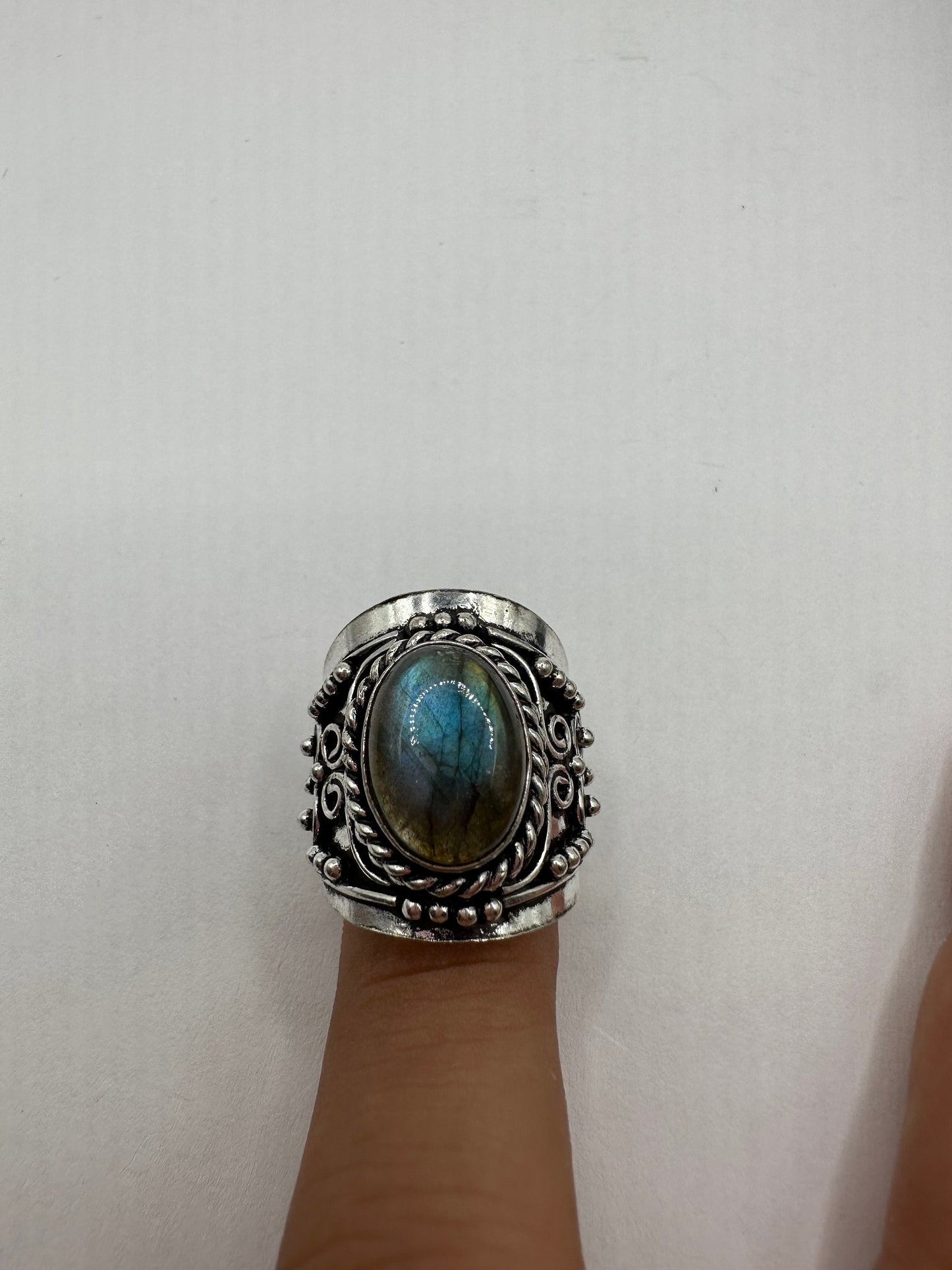 Vintage Large Labradorite Rainbow Moonstone Stone Silver Ring