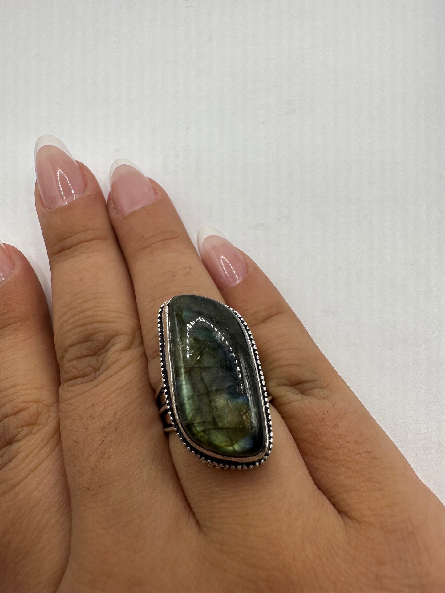 Vintage Large Labradorite Rainbow Moonstone Stone Silver Ring