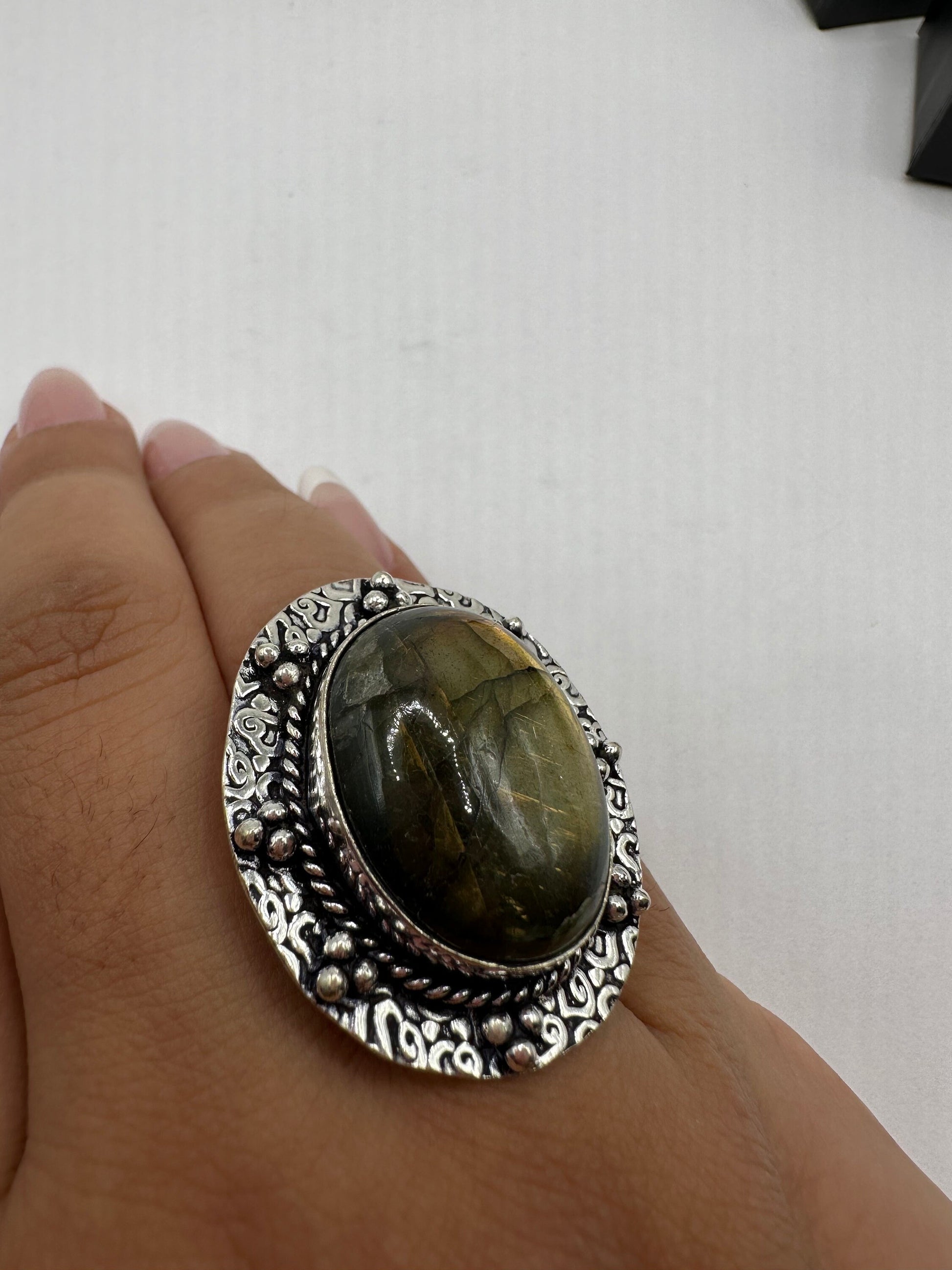 Vintage Large Labradorite Rainbow Moonstone Stone Silver Ring