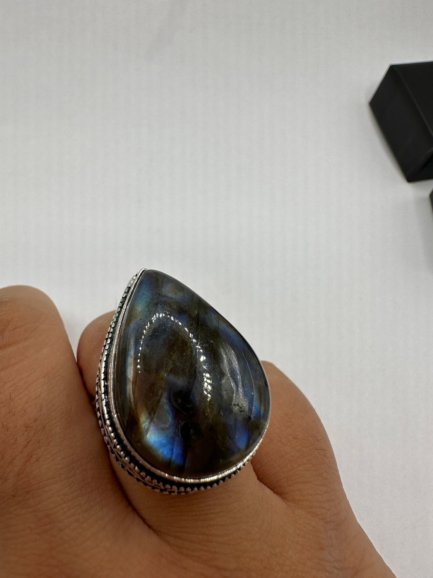 Vintage Large Labradorite Rainbow Moonstone Stone Silver Ring