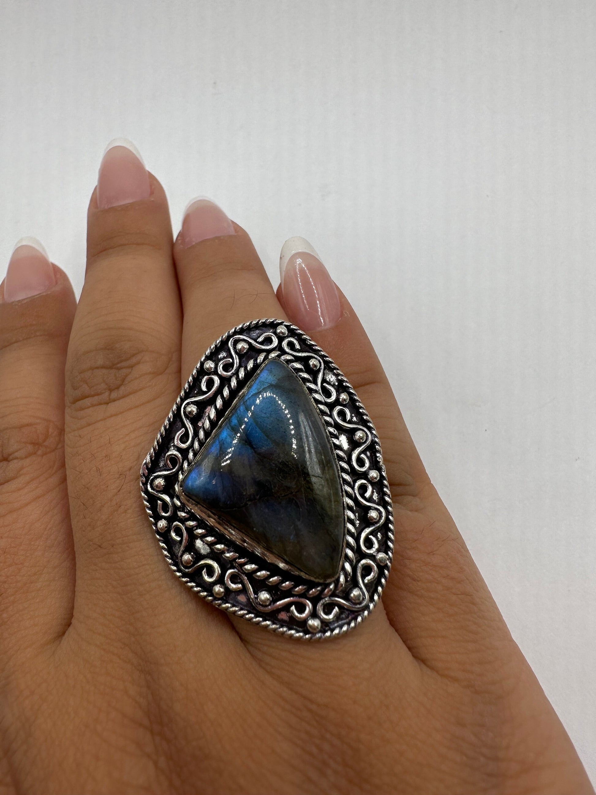 Vintage Large Labradorite Rainbow Moonstone Stone Silver Ring