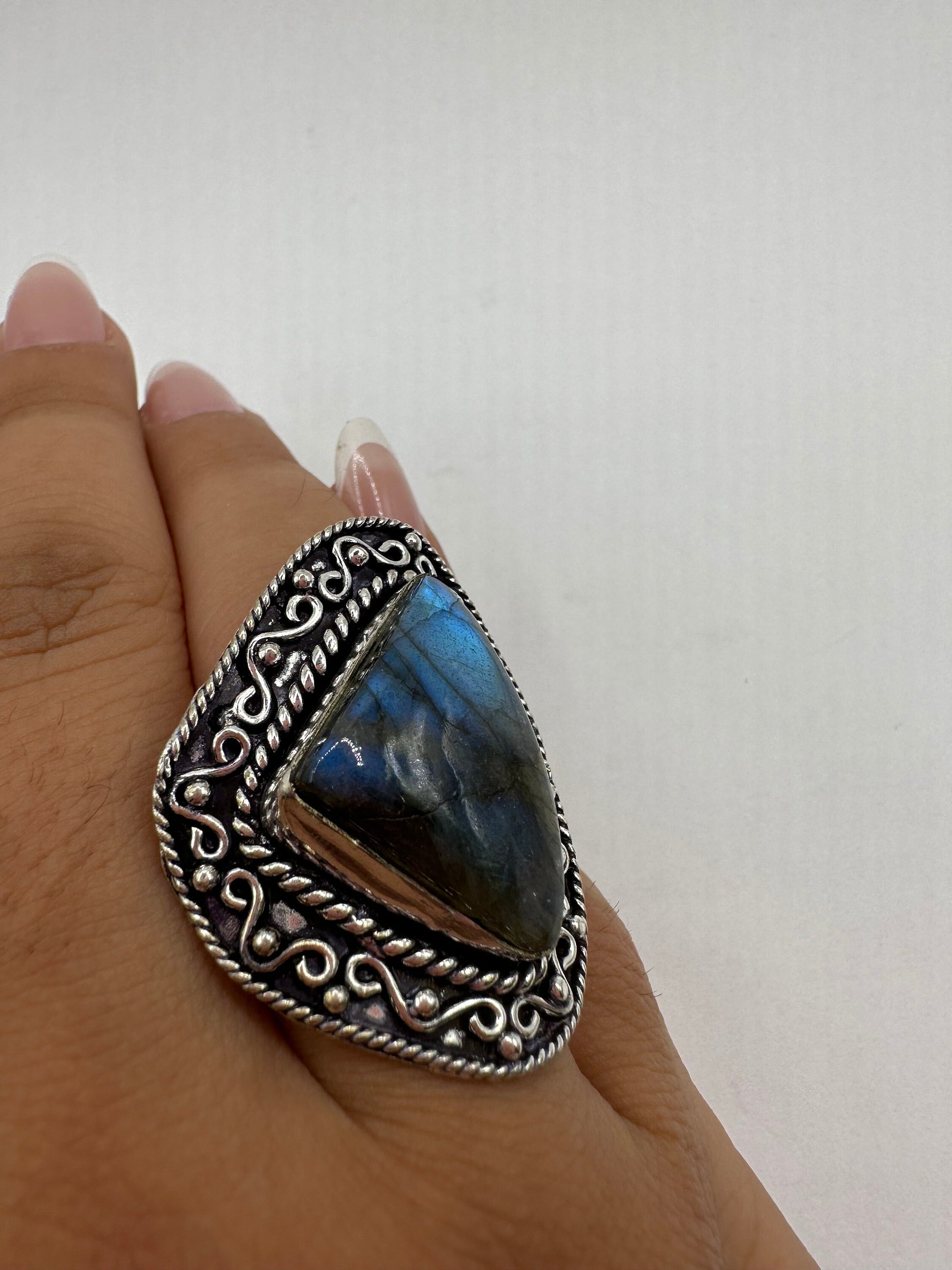 Vintage Large Labradorite Rainbow Moonstone Stone Silver Ring