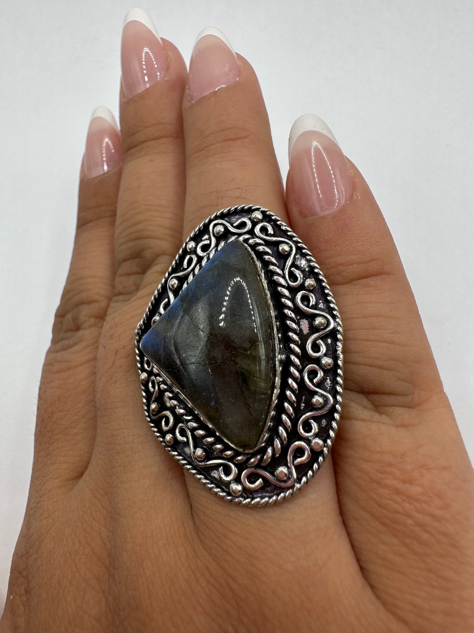 Vintage Large Labradorite Rainbow Moonstone Stone Silver Ring