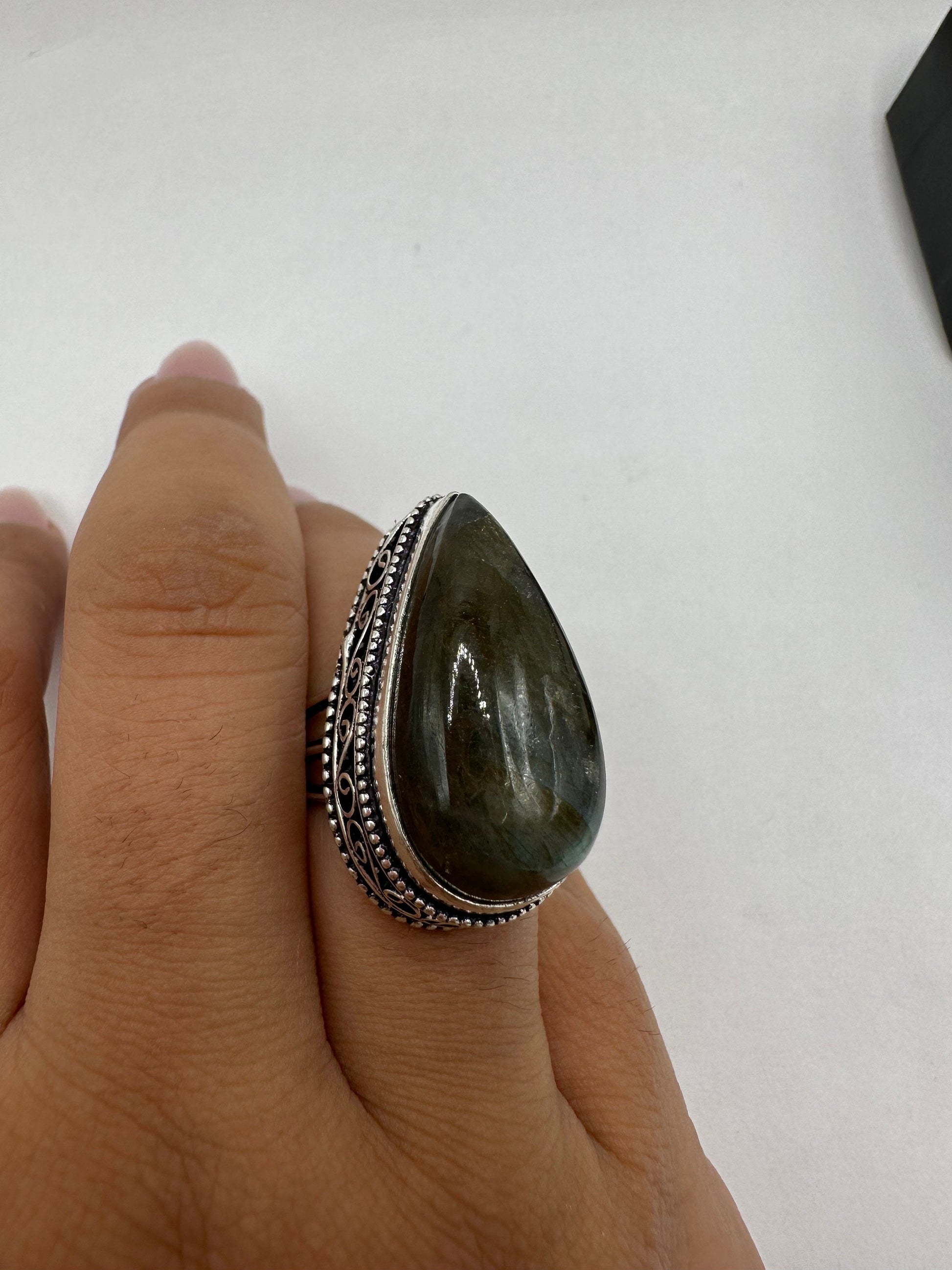 Vintage Large Labradorite Rainbow Moonstone Stone Silver Ring