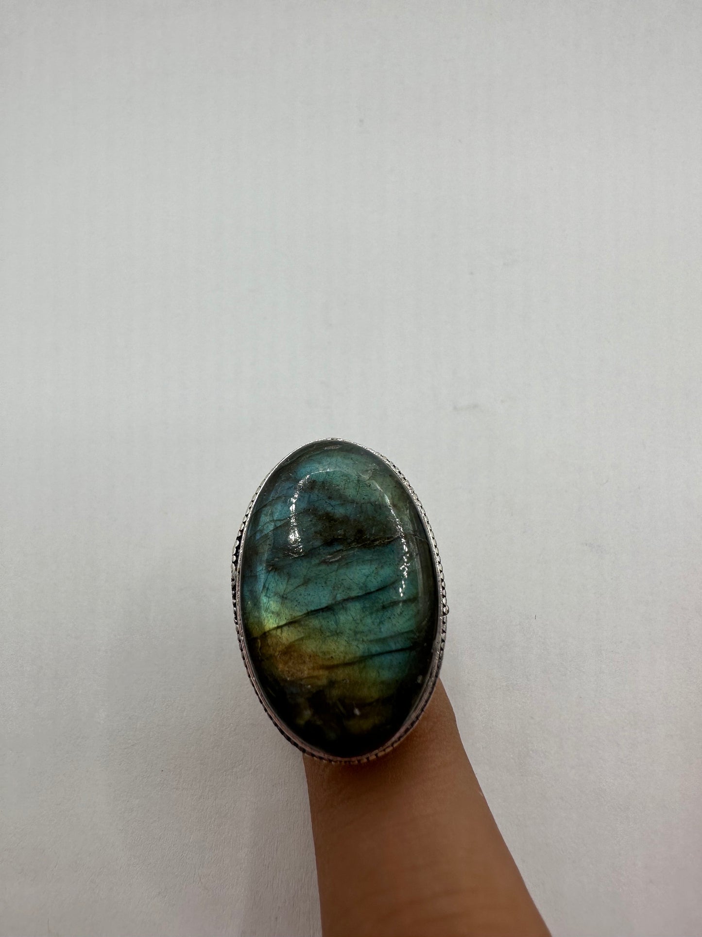 Vintage Large Labradorite Rainbow Moonstone Stone Silver Ring