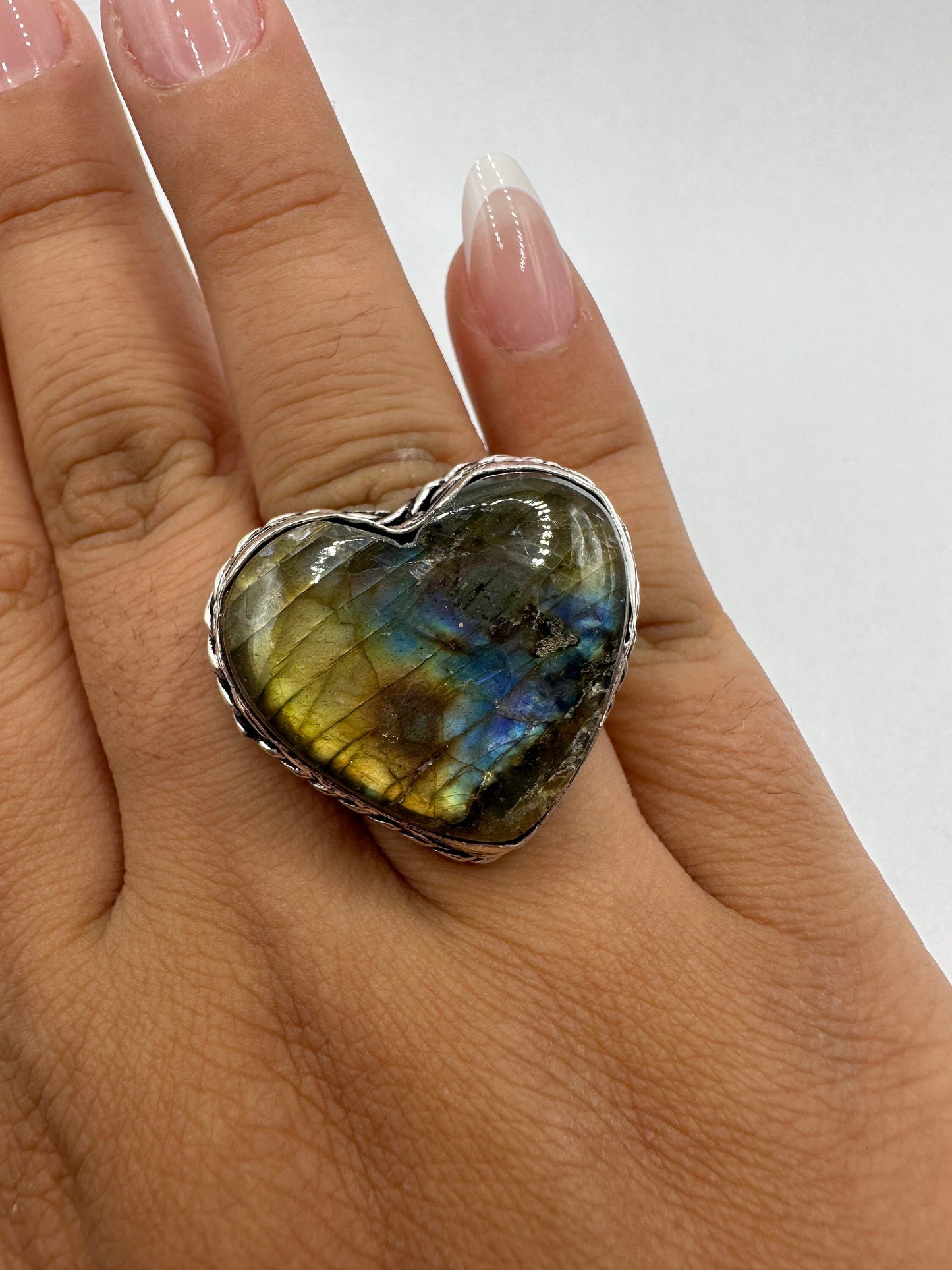 Vintage Large Labradorite Rainbow Moonstone Stone Silver Ring