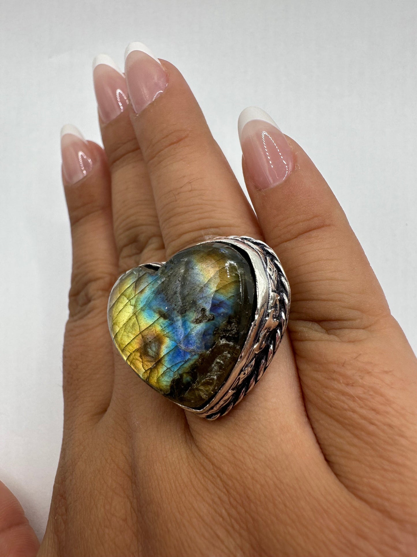 Vintage Large Labradorite Rainbow Moonstone Stone Silver Ring