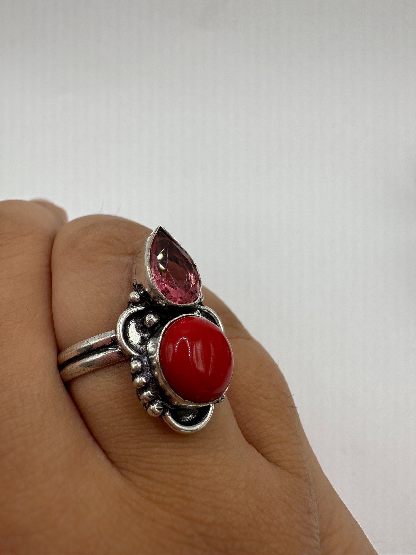 Vintage Red Coral Boho Ring Size 7